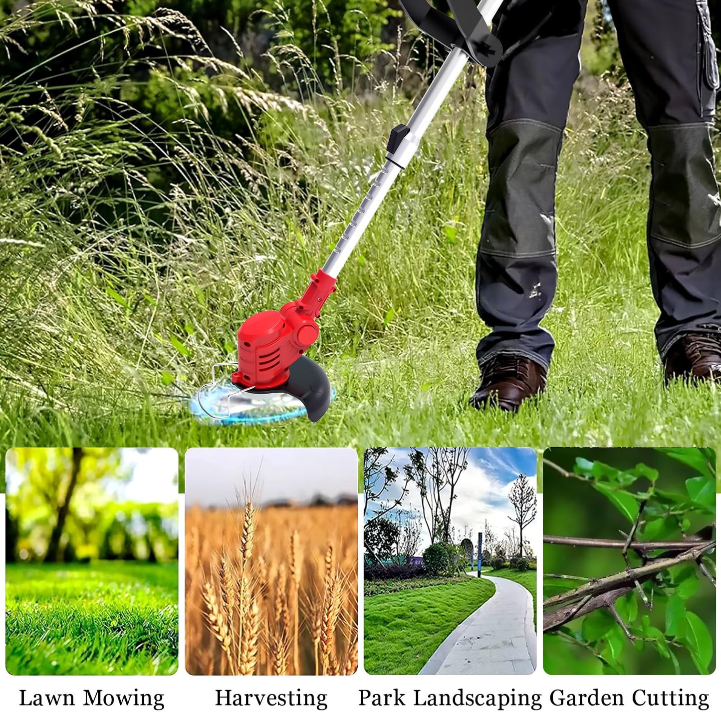 Cordless Weed Wacker- Whipper Snipper with 2 X 21V 4.0Ah Battery & Electric Grass Trimmer Edger for Lawn, Yard, 90-130cm Telescopic, 90° Adjustment Head