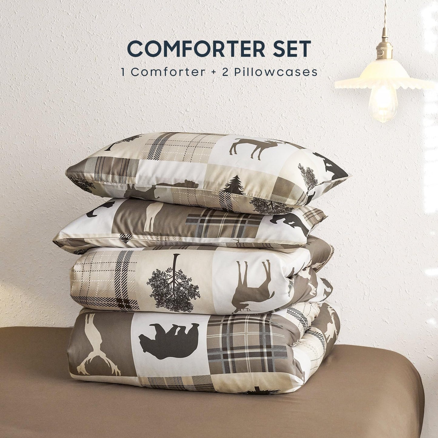 Wake In Cloud - Rustic Comforter Set, Cabin Christmas Farmhouse Western Lodge Woodland Wildlife Patchwork RV Outdoor Theme, Soft Lightweight Bedding, 3-Piece, Taupe, Queen Size