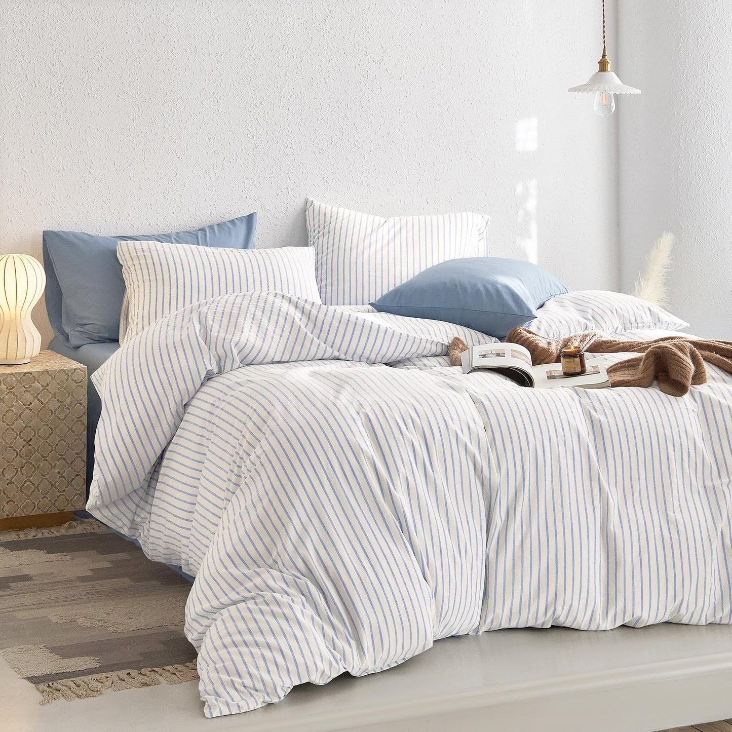 Wake In Cloud - Striped Cotton Duvet Cover Set, Ticking Stripe Vertical Pinstripe Farmhouse, 100% Washed Cotton Bed Bedding Set with Zipper Closure, 3 Pieces, Blue White, Queen Size