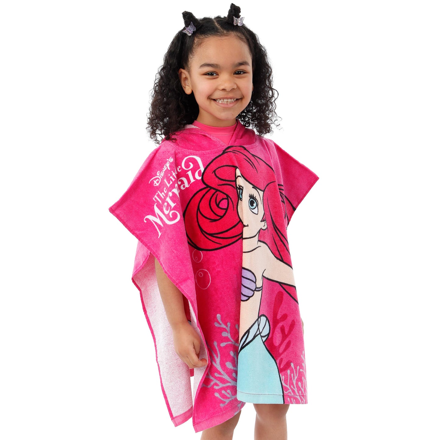 Disney Girls Beach Towel | Ariel Towel Poncho | Cotton Hooded Towel | The Little Mermaid Towels for Girls | One Size Pink