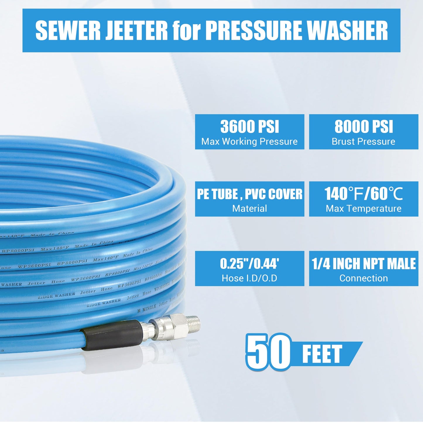 RIDGE WASHER Sewer Jetter Kit for Pressure Washer 50FT, 3600 PSI Drain Cleaning Hose with Short Pressure Washer Gun, 1/4 Inch NPT Corner, Rotating and Button Nose Sewer Jetting Nozzle