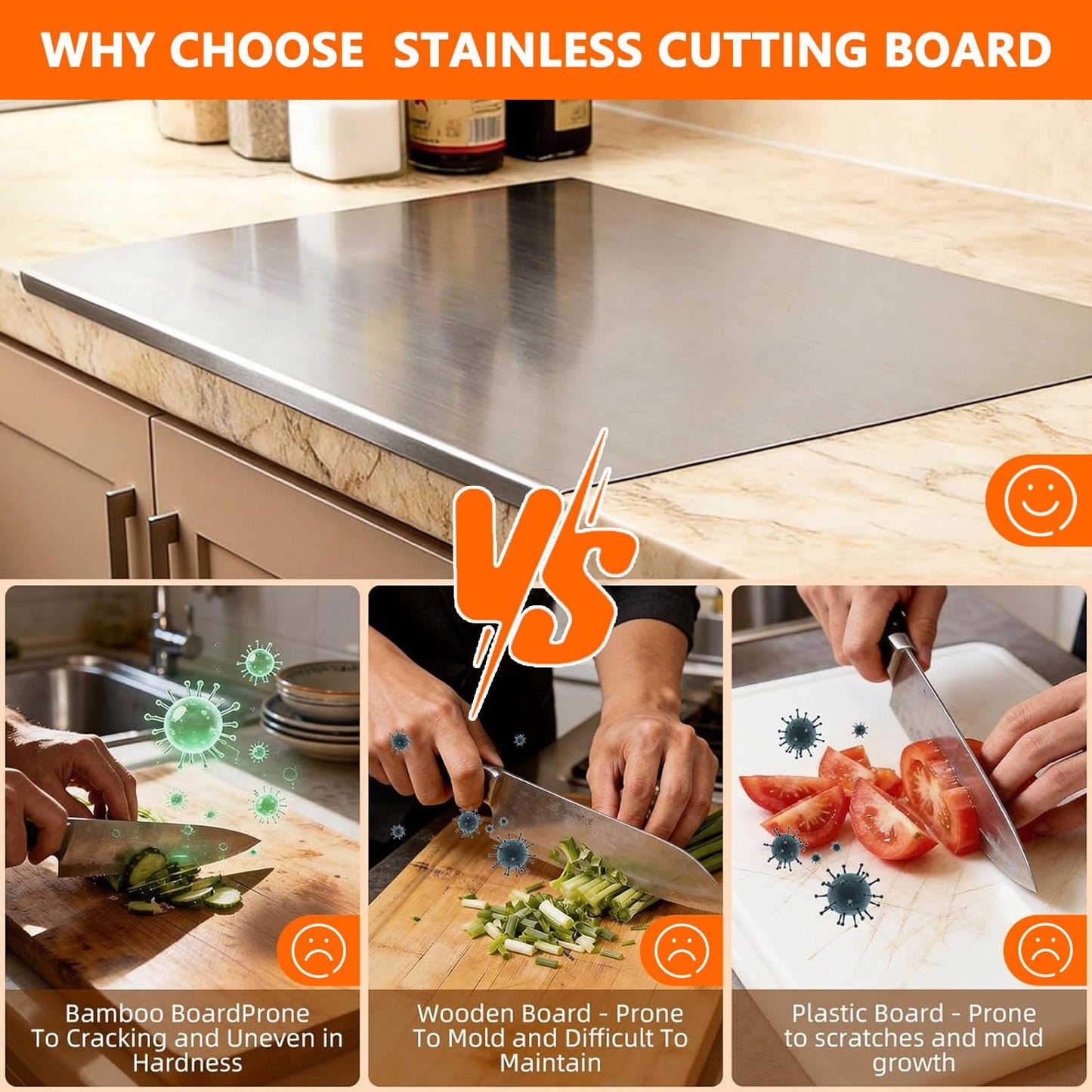 Stainless Steel Cutting Boards for Kitchen, 304 Stainless Chopping Board, Non-Slip Metal Cutting Board for Meat, Fruits, Vegetables, and Baking Food Grade Cutting Boards (40x50cm)