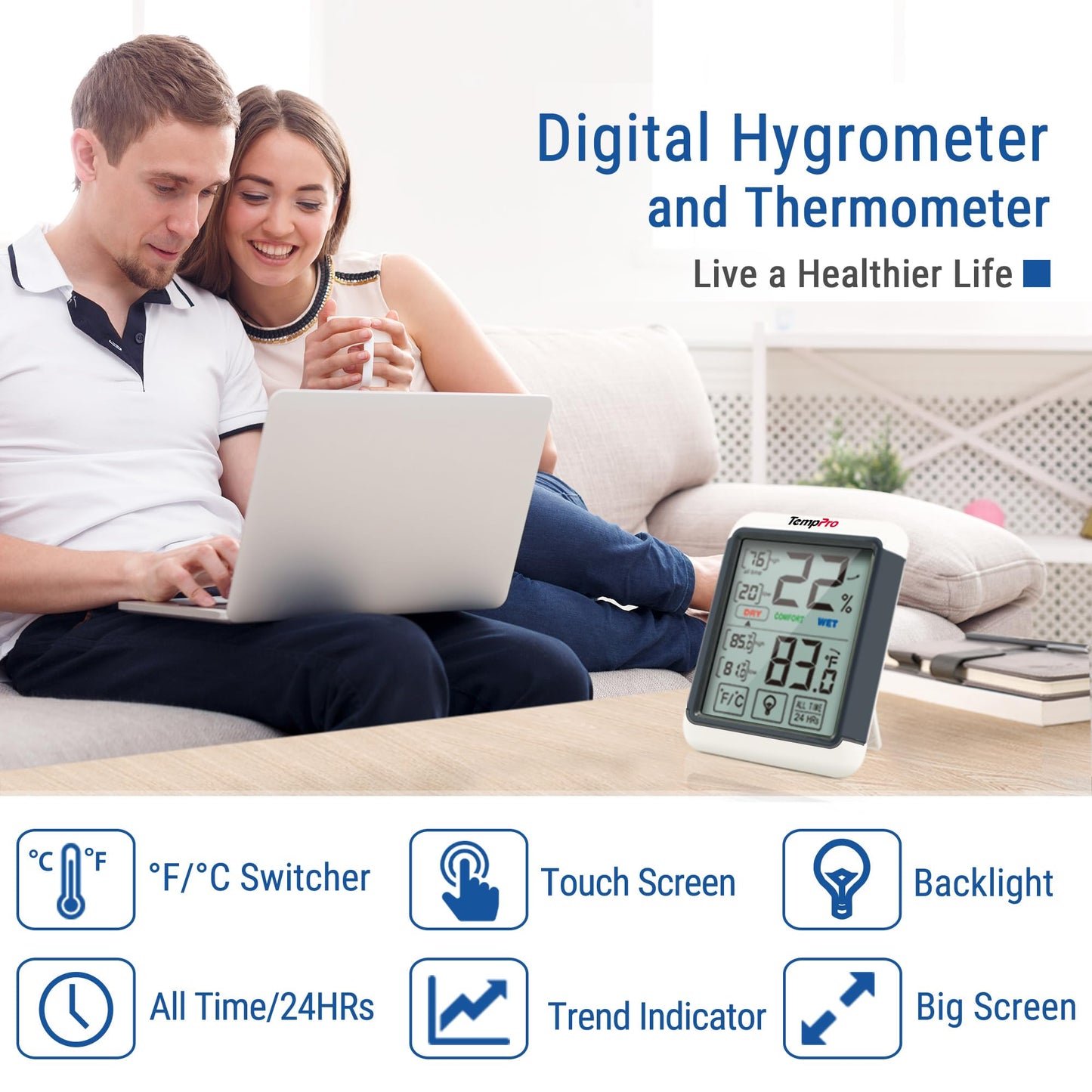 TempPro TP55 2 Pieces Digital Indoor Hygrometer Thermometer, 4-Inch Temperature/Humidity Monitor with Touchscreen&Backlit, Room Thermometer/Humidity Meter for Home Greenhouse (Previously ThermoPro)