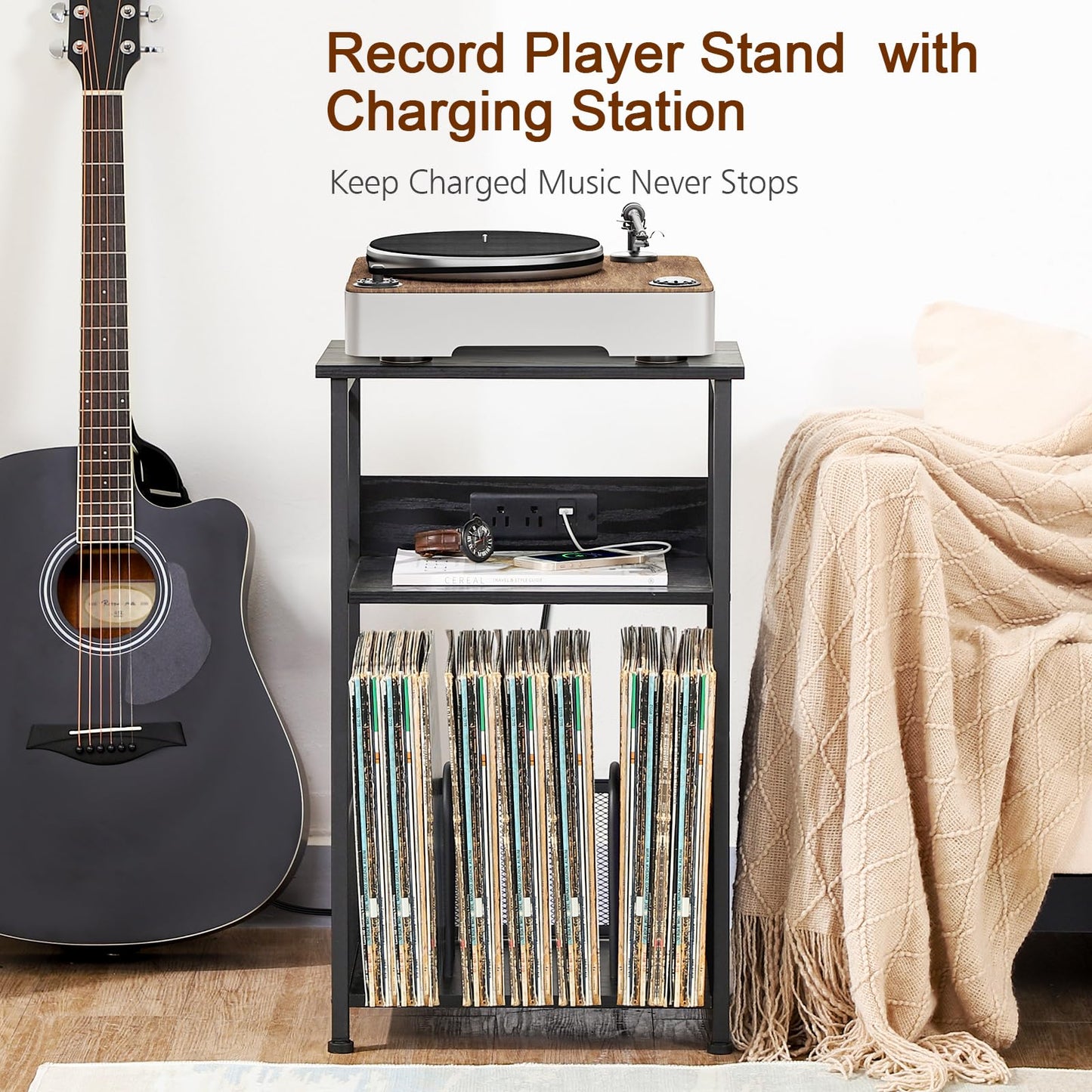 AMHANCIBLE Record Player Stand with Charging Station, Turntable Stand with Storage Cabinet, 3 Tier End Table Hold Up to 100 Albums, Record Stand for Vinyl, Living Room, Black, HETCD01BK-1