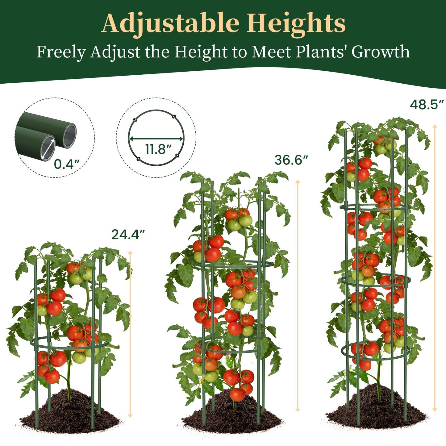 Tomato Cages for Garden, 49" Tall Adjustable Heavy Duty Rust Resistant Tomato Trellis, with Upgraded Coupler for Raised Beds & Pots, Plant Stakes and Supports for Climbing Vegetables, Flowers (4PCs)
