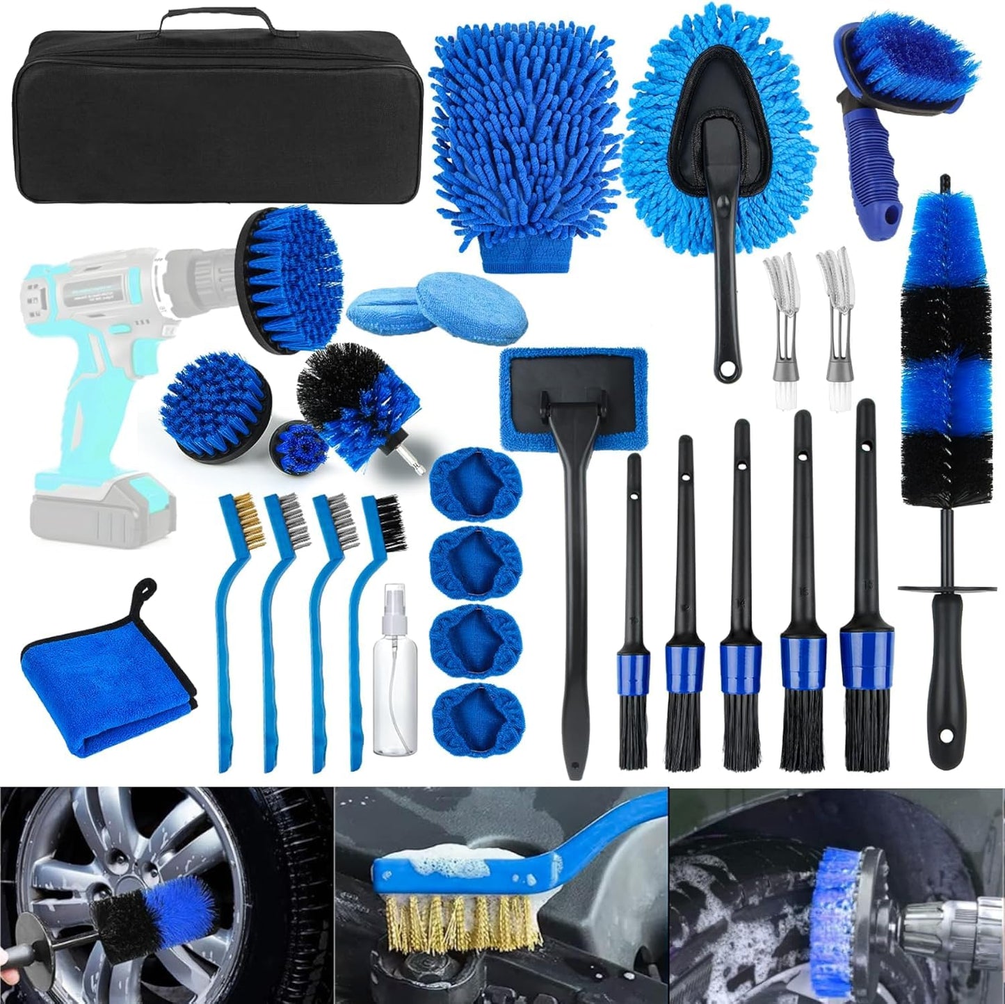 30PCS Car Detailing Kit - Car Cleaning Wash Brush Set, Auto Interior Detailing Washing Brush Kit Tool, Car Cleaning Supplies, Exterior Wheel Drill Brush, Automotive Tools Detailing Brushes