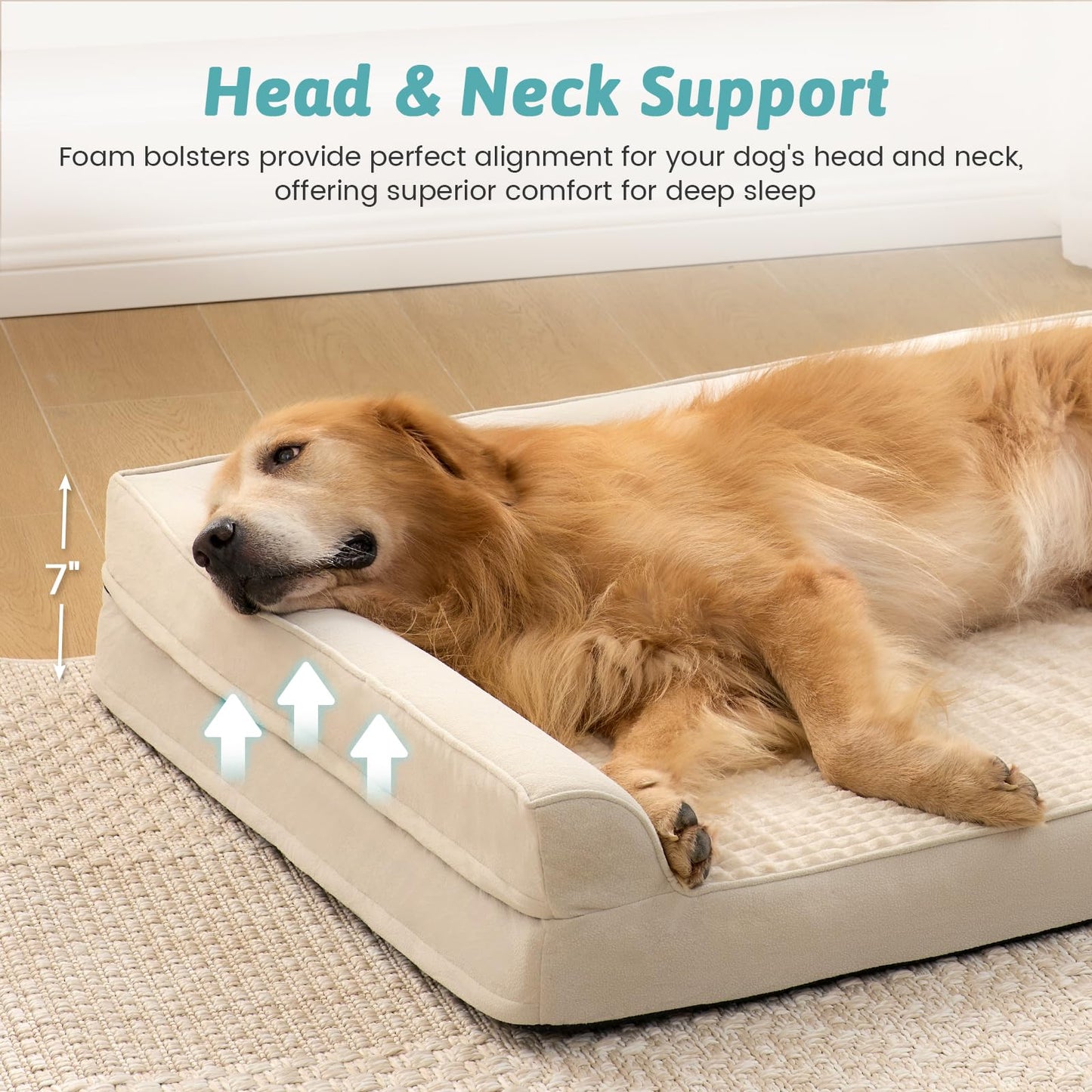 COZY KISS Orthopedic Dog Bed for Large Size Dog, XL Dogs Crate Bed, L Shaped Foam Anti-Slip Bottom Pet Cat Sofa with Washable Removable Cover, Suitable for Pet Up to 100 lbs, 44x32x7 inch, Beige