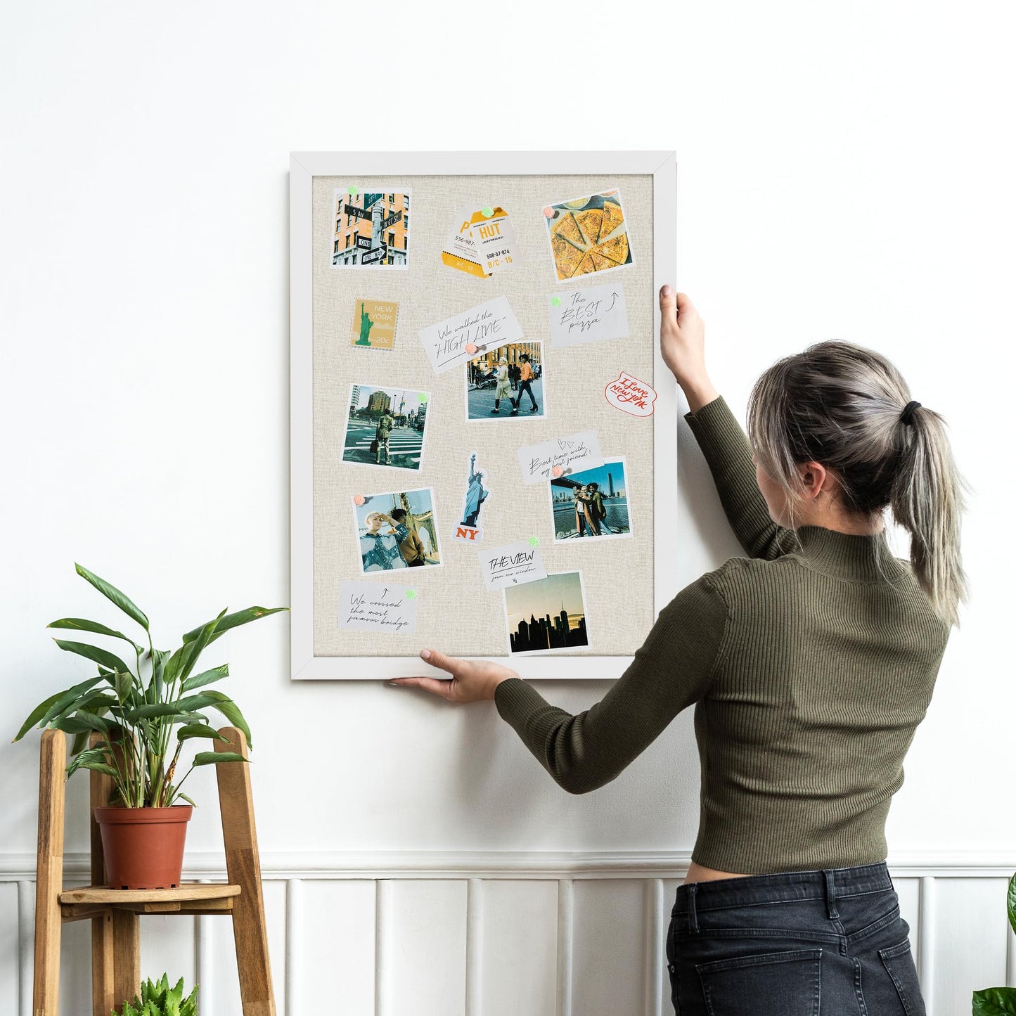 Board2by White Cork Board Bulletin Board with Linen, Wood Framed 30" x 20" Corkboard, Office Board for Wall Decor, Wall Mounted Pin Board Picture Board with 20 Pushpins for School, Home & Office