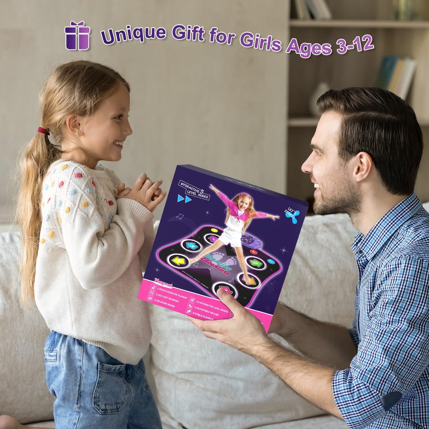 Flooyes Dance Mat Toys for 3-12 Year Old Kids, Electronic Dances Pad with Light-up 6-Button Wireless Bluetooth, Music Dance with 5 Game Modes, Birthday Toys Gifts for 3 4 5 6 7 8 9 10+ Year Old Girls