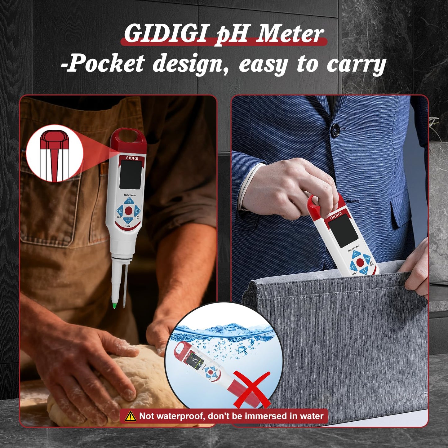 GIDIGI Digital pH Meter for Food Professional pH Meter for Fermentation with pH Calibration Kits (4.00/7.00/10.01) Spear Tip pH Food Tester Probe for Cheese Sourdough pH Test Strips for Food Acidity