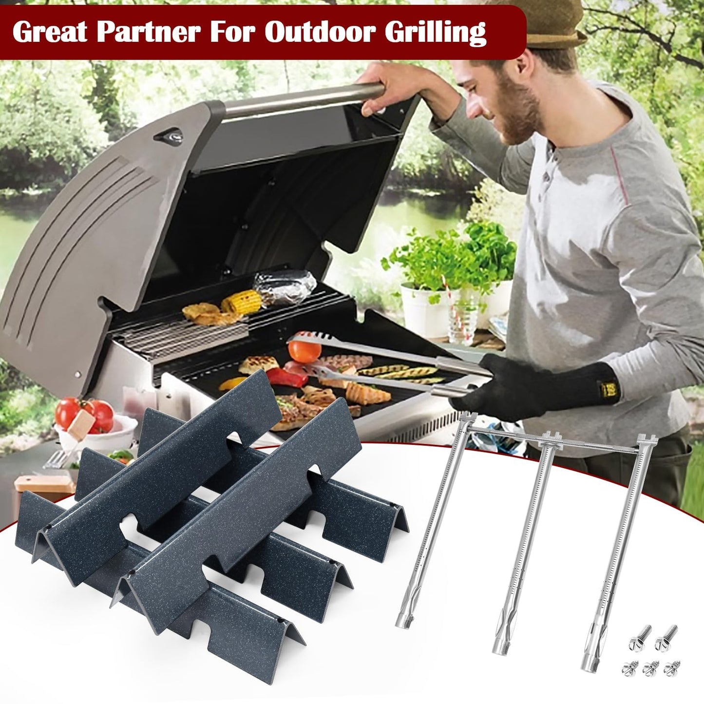 Hiorucet BBQ Replacement Parts for Weber Spirit 300 Series E310 E320 E330 S310 S320 S330, Weber Spirit II 300 Series Gas Grill with Front-Mounted Control, 7636 Flavorizer Bars and 69787 Burner Tubes