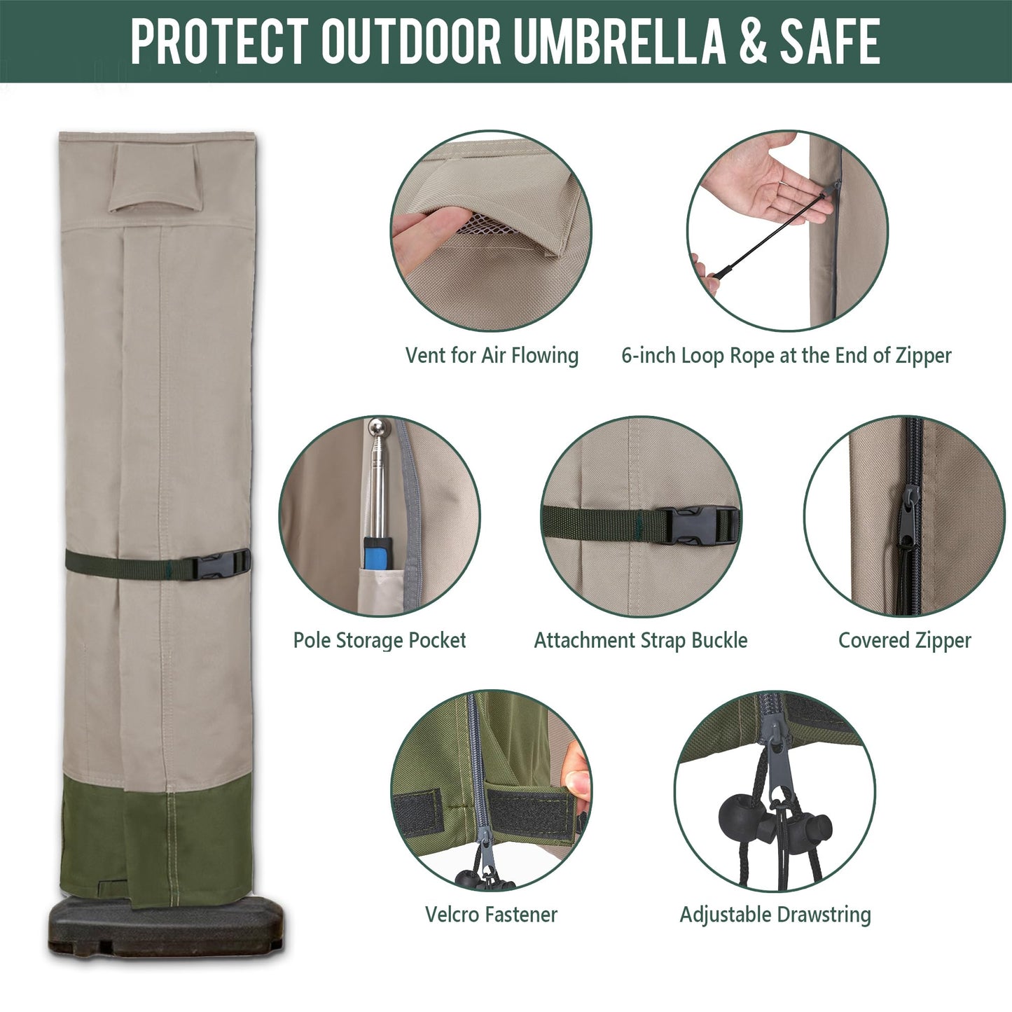 Rachmi Patio Cantilever Umbrella Cover for 9-13 Ft Umbrellas, 600D Water-resistant UV & Fade Resistant Cover Fits Round / Square Outdoor Garden Offset Parasol with Zipper & Rod, Khaki-Green