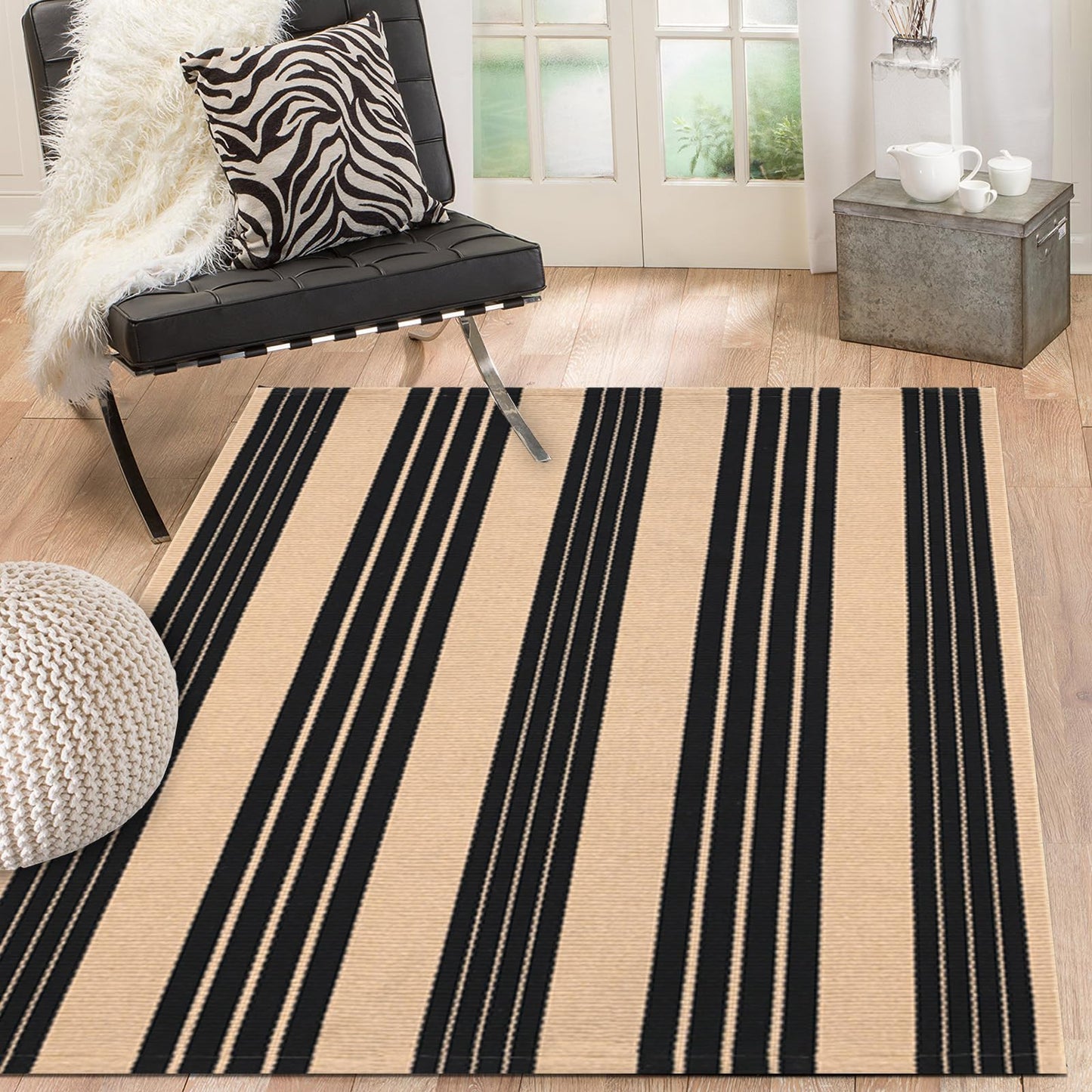 Fallovea Black and Tan Striped Rugs, 90×150 cm Area Rug Outdoor Indoor Front Porch Doormat Cotton Hand-Woven Layered Door Mats for Entryway Patio Entryway Laundry Bedroom Living Room
