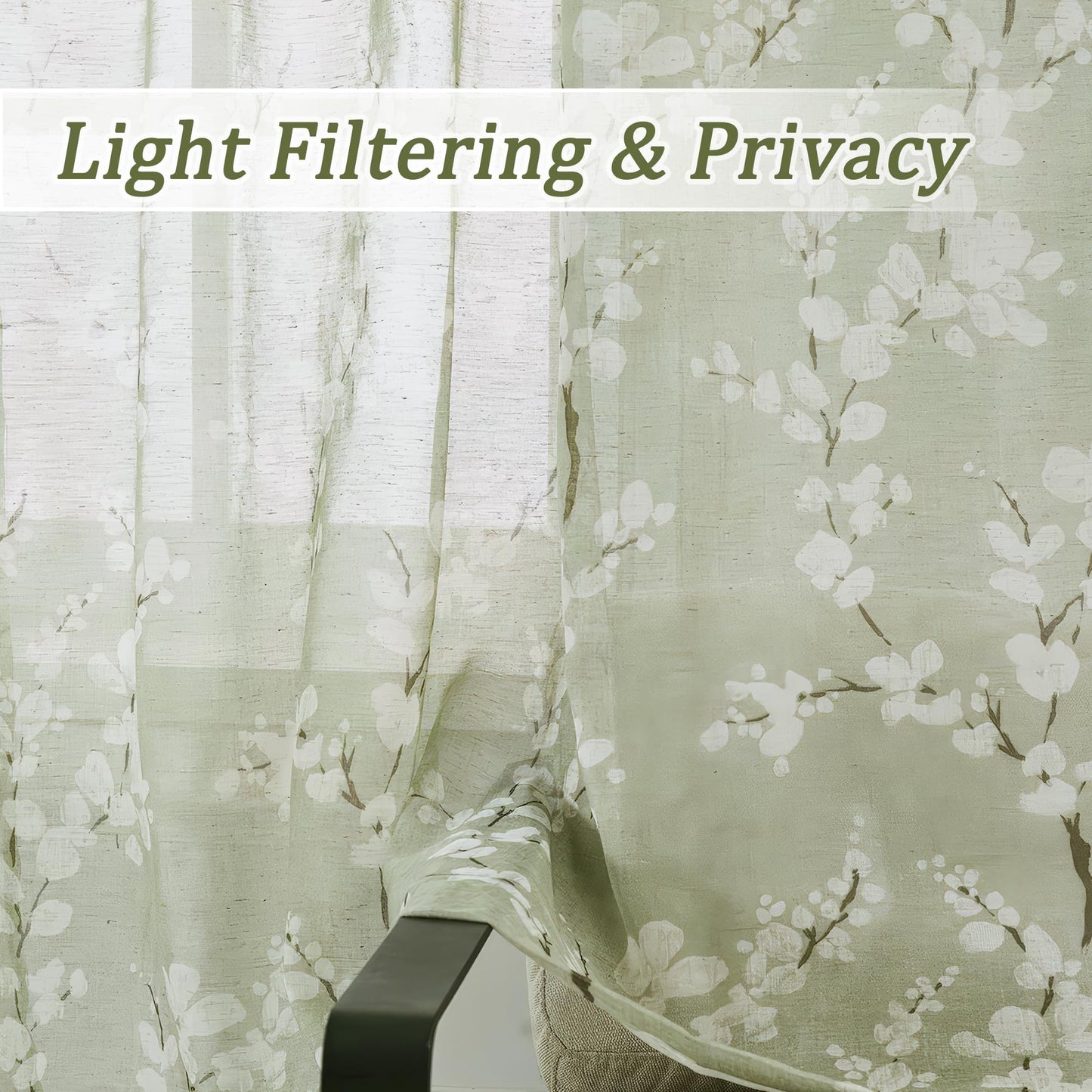 FMFUNCTEX Sage Green Sheer Curtains for Living Room White Floral Print Curtains 84 Inches Long for Bedroom Plum Blossom Flax Linen Blend Drapes Semi Sheer Rod Pocket Window Curtains 2 Panels Green