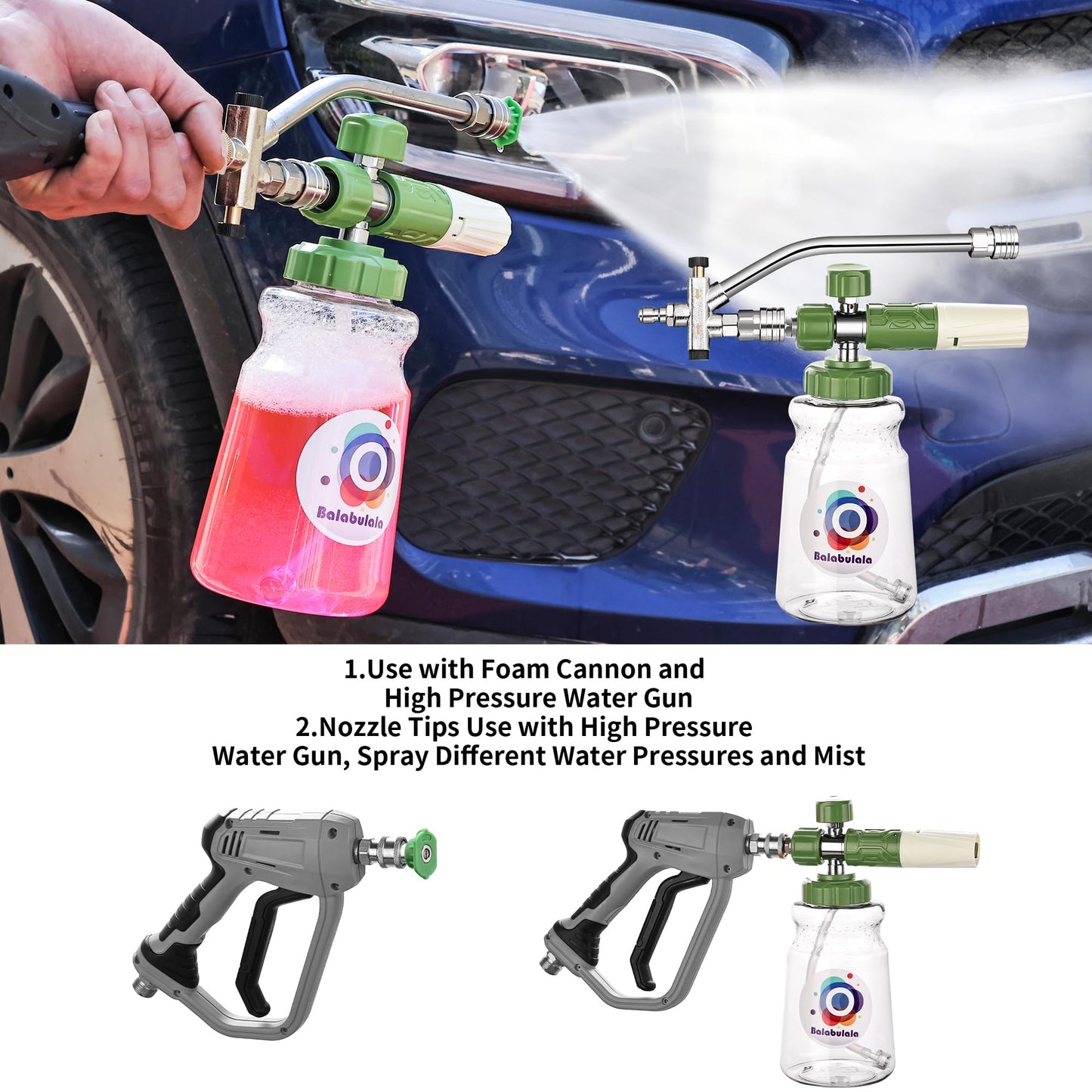Balabulala Dual Connector Accessory with Pressure Washer Foam Cannon, Pressure Washer Double Tip Attachment for Foam Blaster with 5 Power Washer Sprayer Nozzles, 1/4" Quick Connect, 4200 PSI