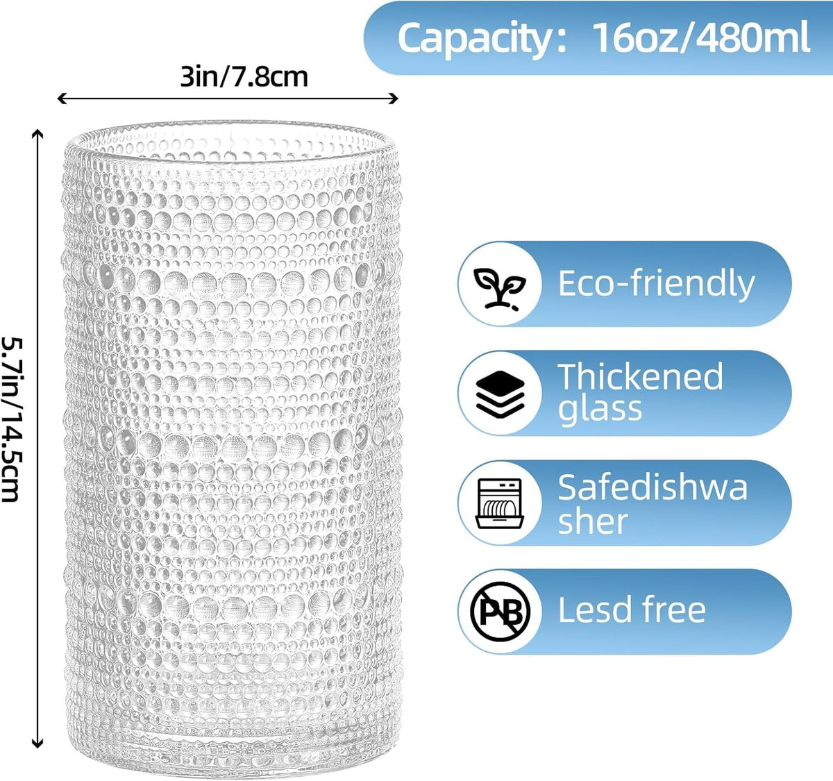 16oz Hobnail Drinking Glasses Set of 6, Vintage Large Capacity Embossed Clear Tumblers, Highball Glasses for Water, Cocktail, Beer, Whiskey, Juice & Bar Use (Clear)