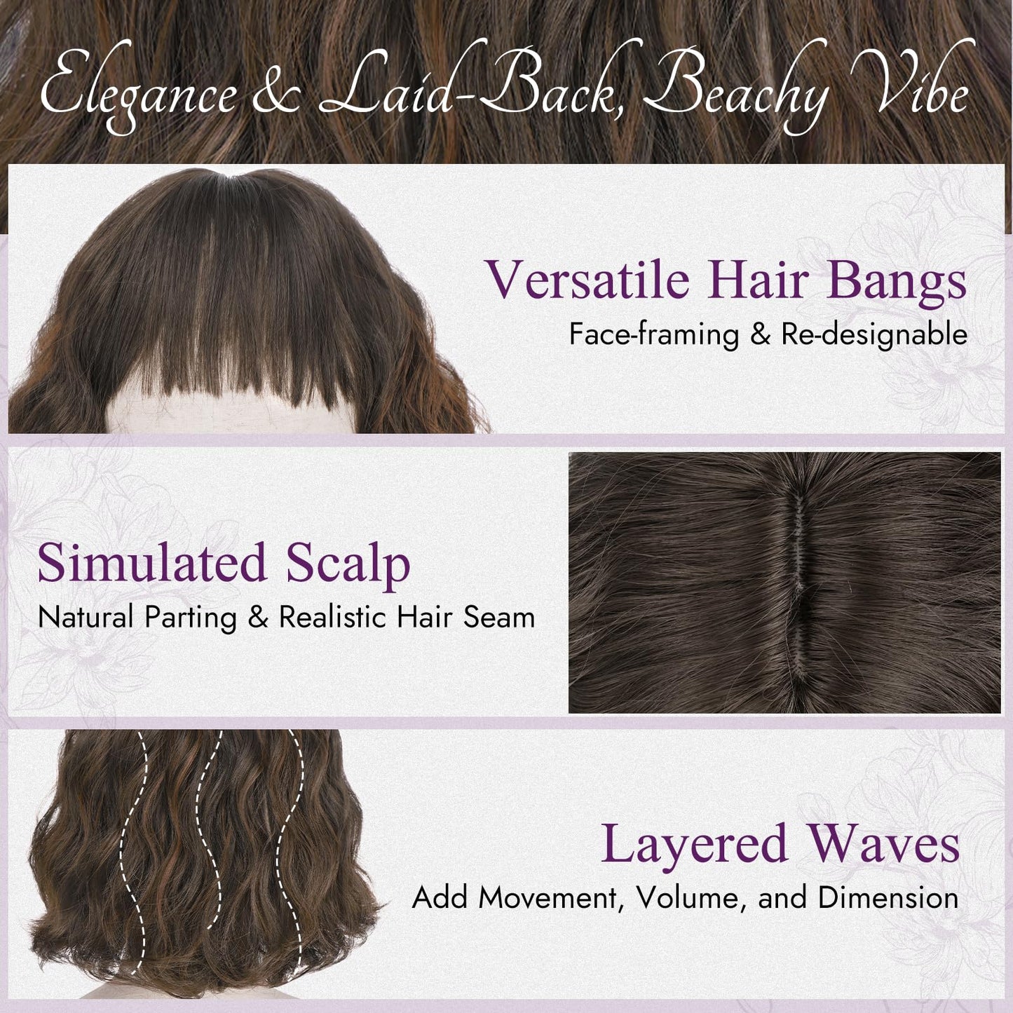 BARSDAR Short Wavy Mix Brown Wig with Bangs - Short Mix Brown Bob Wigs for Women - Curly Wavy Textured French Bob Wig with Bangs Soft Synthetic Natural Looking Face-Framing Daily Party