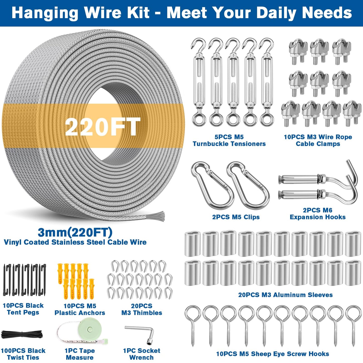 220FT 1/8" Wire Rope Kit - 304 Stainless Steel Cable with Turnbuckles for Cables Wire, Vinyl Coated Hanging Wire for Outdoor String Lights, Camping, Garden Trellis, Hanging Clothes, Pictures, Curtain