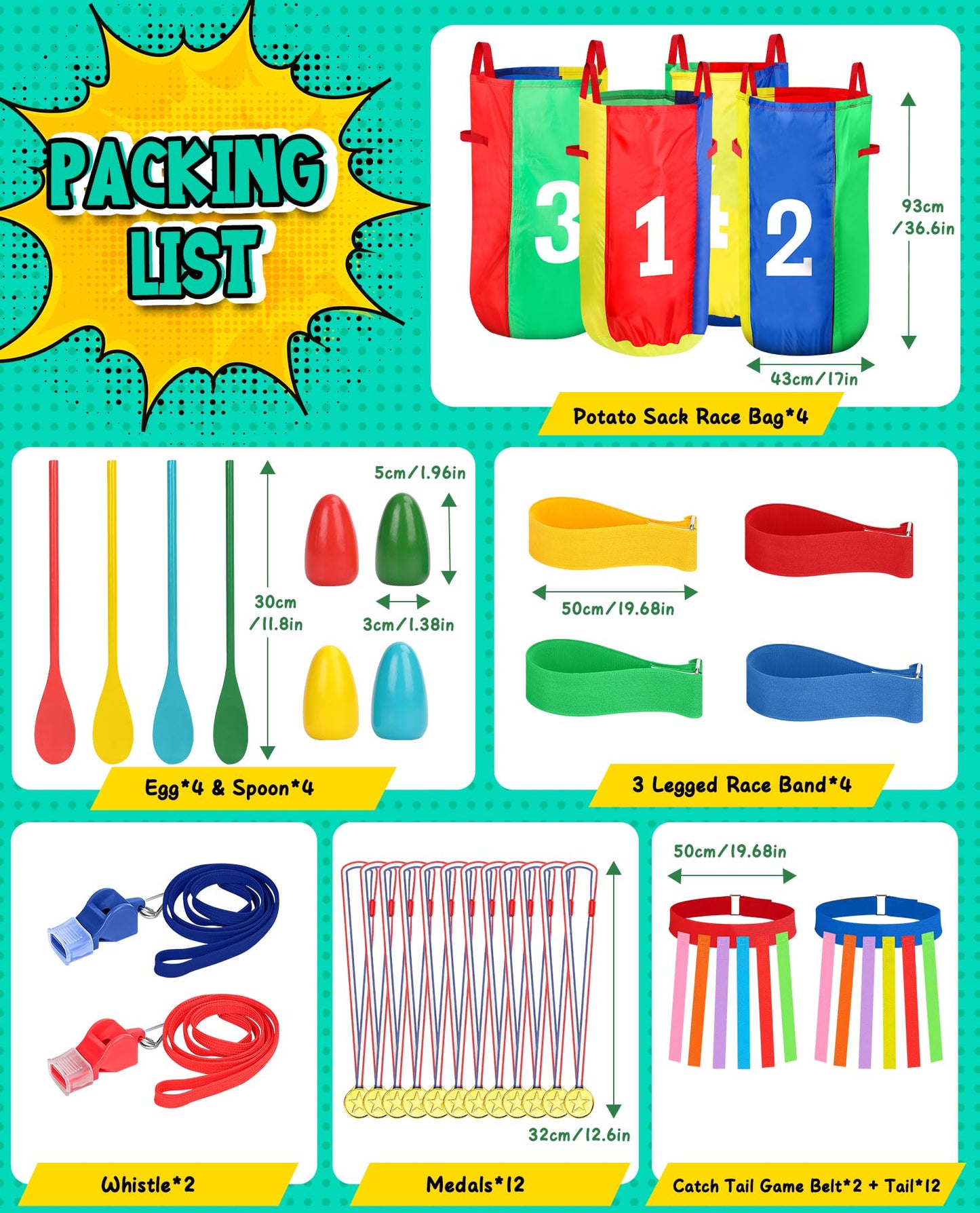 Eocolz Outdoor Carnival Games, Potato Sack Bags for Kids Adults, Egg Spoon Relay Race, 3 Legged Race Bands, Catch Tail Games, Birthday Party, Field Day Family Day Yard Lawn Easter Fall Festival Games