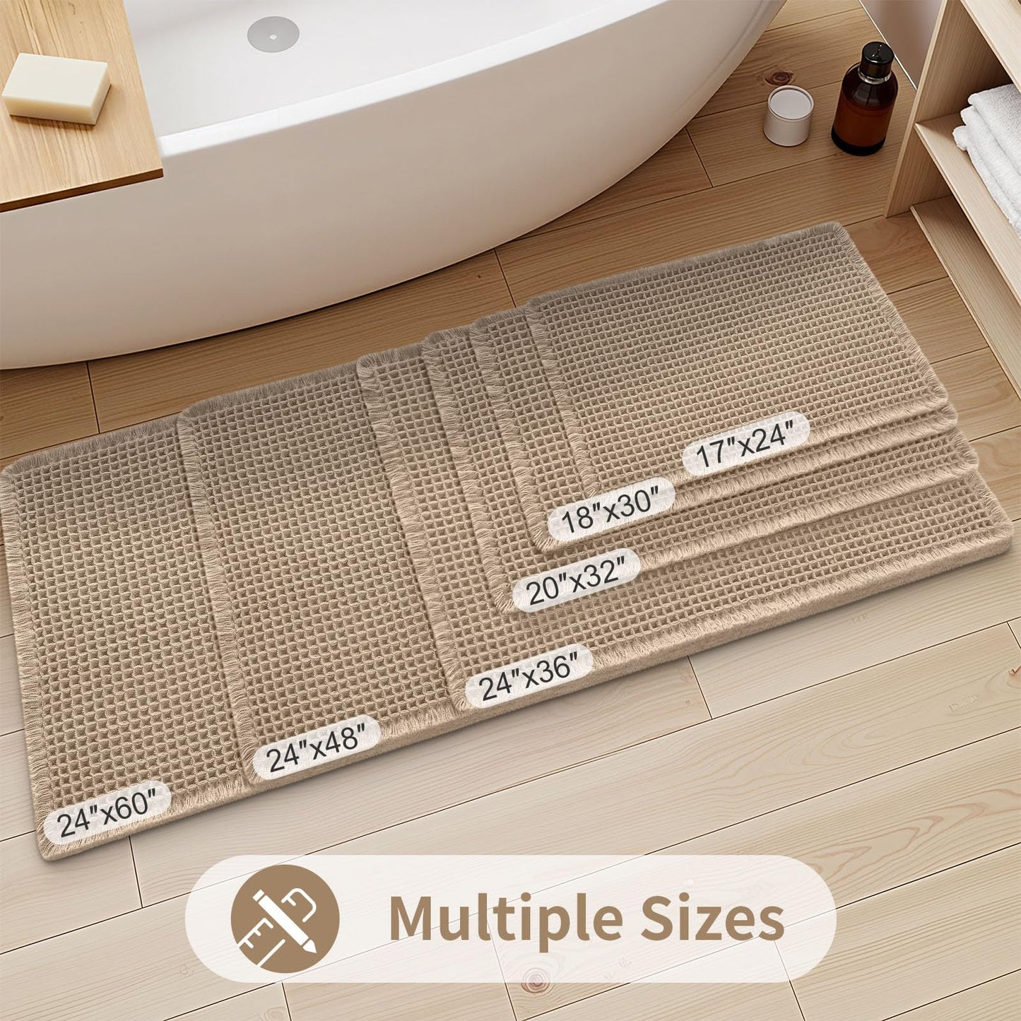 OLANLY Waffle Bath Mat, 24x36 Extra Soft Boho Bathroom Mat, Non Slip Super Absorbent Bathroom Rug, Quick Dry Machine Washable Bath Mats for Bathroom Floor, Tub and Shower, Brown