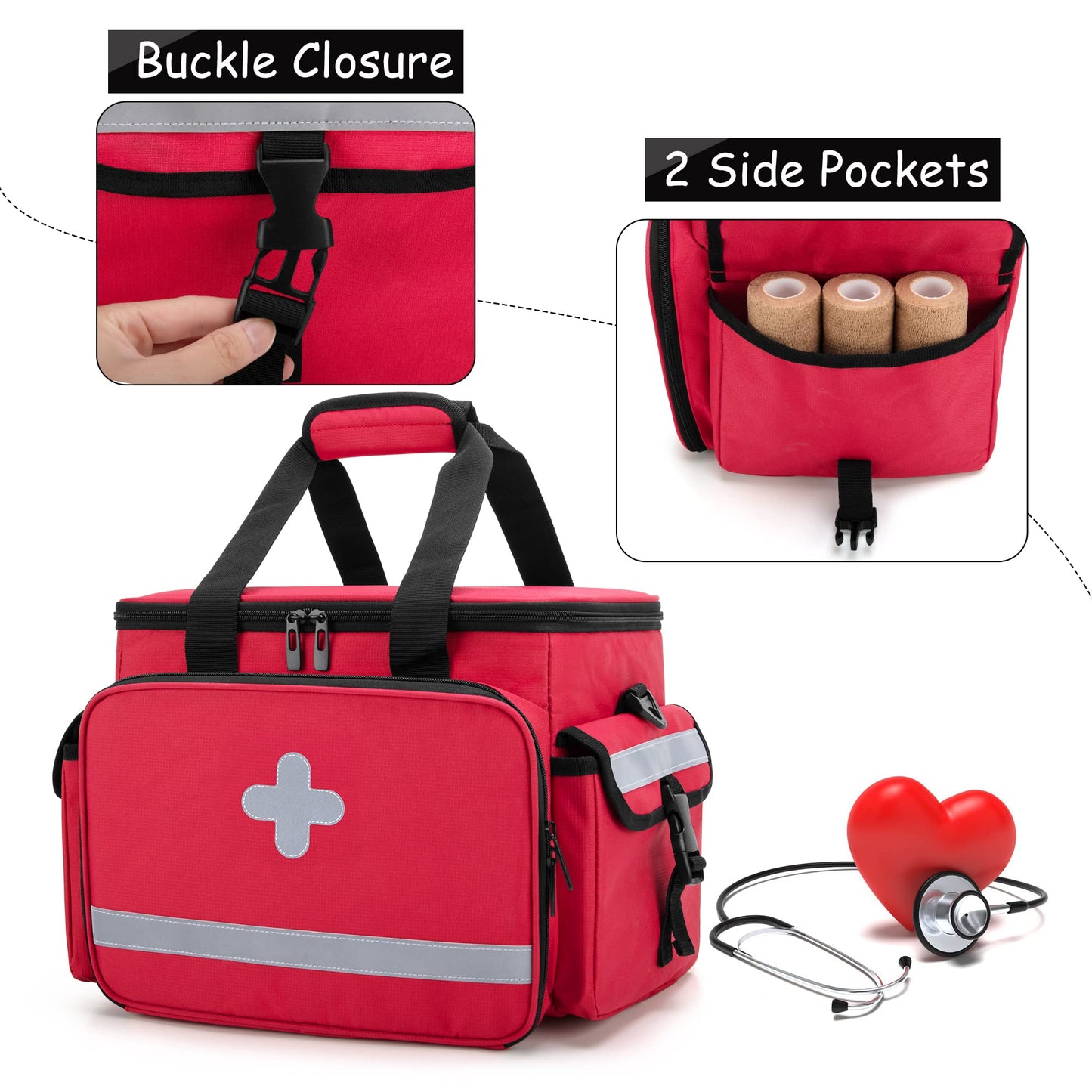 CURMIO Emergency Medical Supplies Bag, Home Health Aid Bag with Shoulder Strap and 2 Detachable Dividers for Nurse, Doctors, Home Health Staffs, Not Include Accessories, Empty Bag, Red