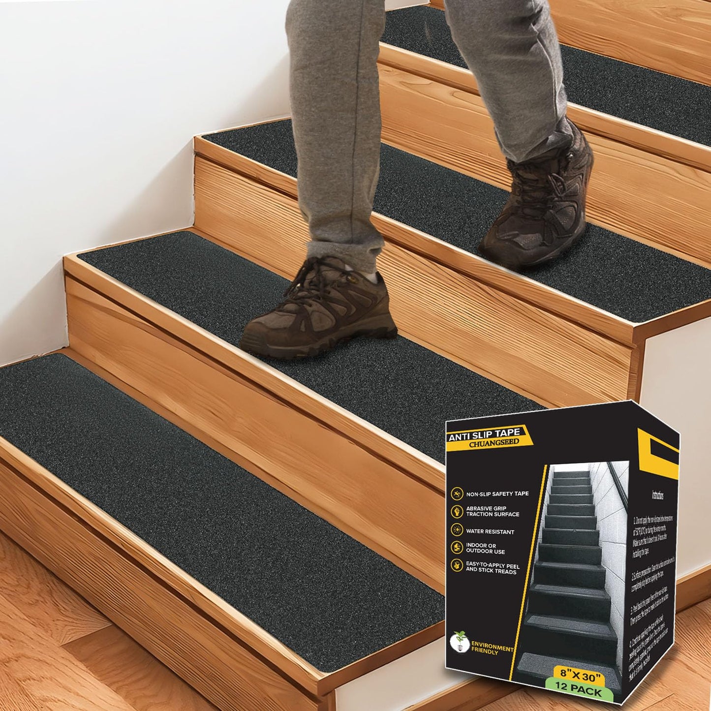 CHUANGSEED 12-Pack Stair Non-Slip Tape 8''x30'' Anti Slip Tape Heavy Duty Black Anti-Slip Outdoor treads Grip Tape High Traction Adhesive Treads Suitable for Most Slippery Surfaces
