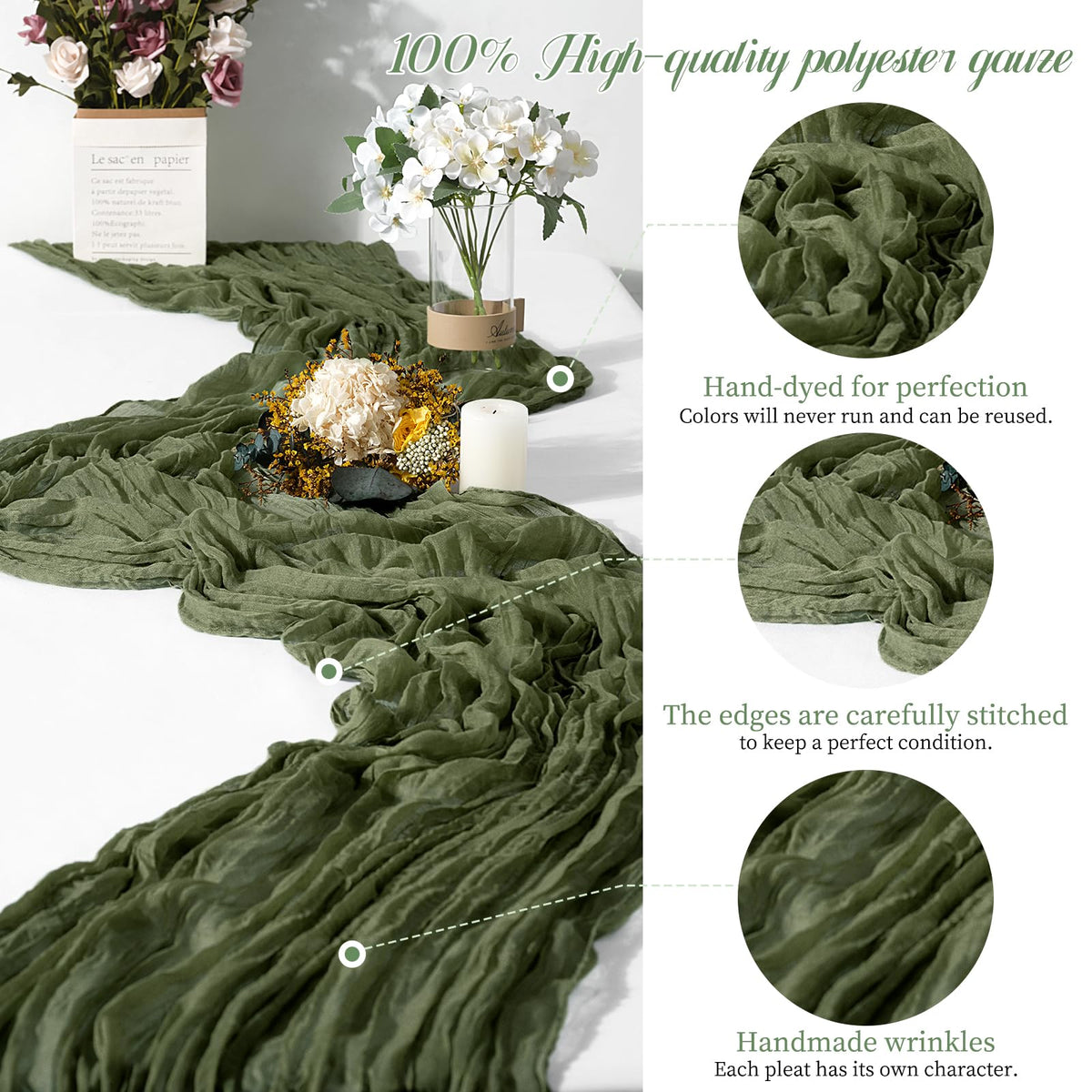 24 Packs Olive Green Table Runner, Charming Cheesecloth Table Runner 45 x 275cm, Gauze Boho Wedding Decoration Rustic Sheer Fabric Cheese Cloth Table Runners for Wedding Party Bridal Shower
