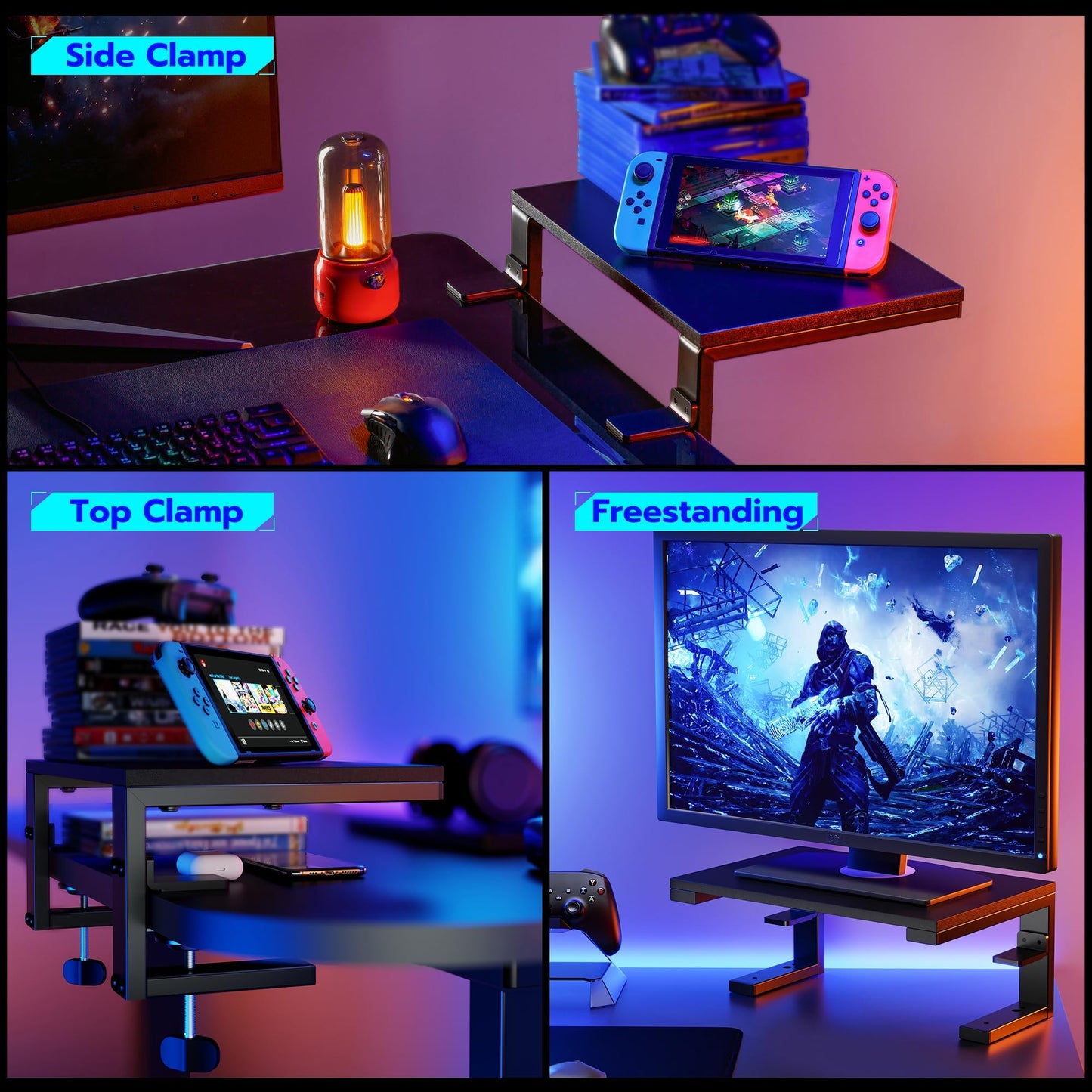 ARES WING 3 in 1 Versatile Clamp on Desk Shelf, 15 inches Desk Extender Shelves, Heavy Duty Desktop Organizer for Gaming and Office Accessories, Black