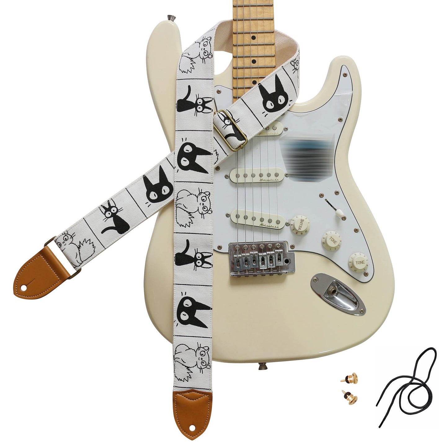 Music First - Original design Ukiyo-e style electric guitar strap with auspicious clouds, Comic Cat, free size