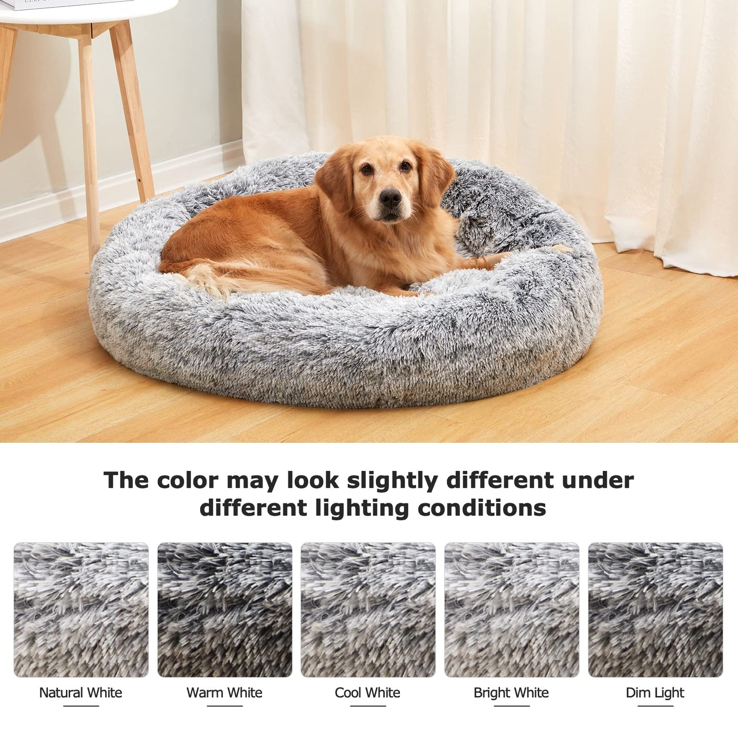 Bedfolks Calming Donut Dog Bed, 30 Inches Round Fluffy Dog Beds for Medium Dogs, Anti-Anxiety Plush Dog Bed, Machine Washable Pet Bed (Dark Grey, Medium)