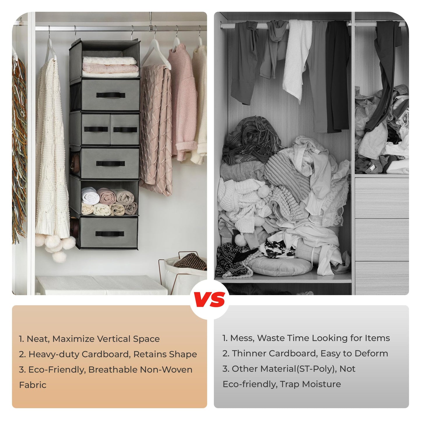GRANNY SAYS Hanging Closet Organizer with Drawers, Rangement Garde Robe, Hanging Storage Organizer, Closet Organizers and Storage for Clothes, 1-Pack, 31 x 35 x 108.4cm, 6-Shelf, Grey