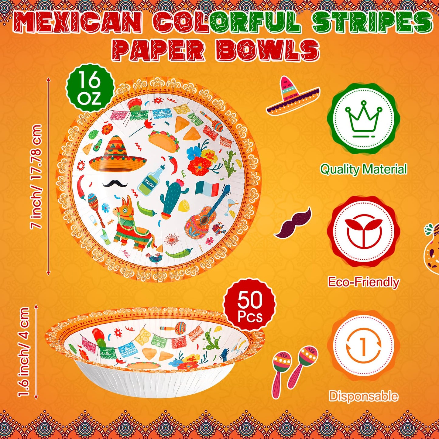 Skybooly 50 Pcs 16 oz Fiesta Bowls Disposable Mexican Party Serving Paper Bowls 7 Inch Cinco De Mayo Heavy Duty Paper Plates for Soup Salad Ramen Birthday Party Decorations