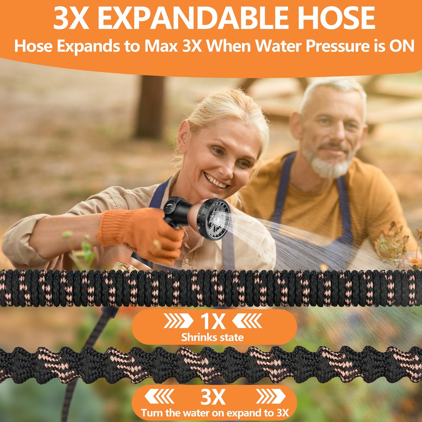 100 Foot Garden Hose – 2026 Upgarded Expandable Garden Hose w/10 Pattern Spray Nozzle, 650psi Brass 3/4” Fittings – Lightweight, Durable, Kink-Free, Retractable Water Hoses for Gardening(Black Gold)