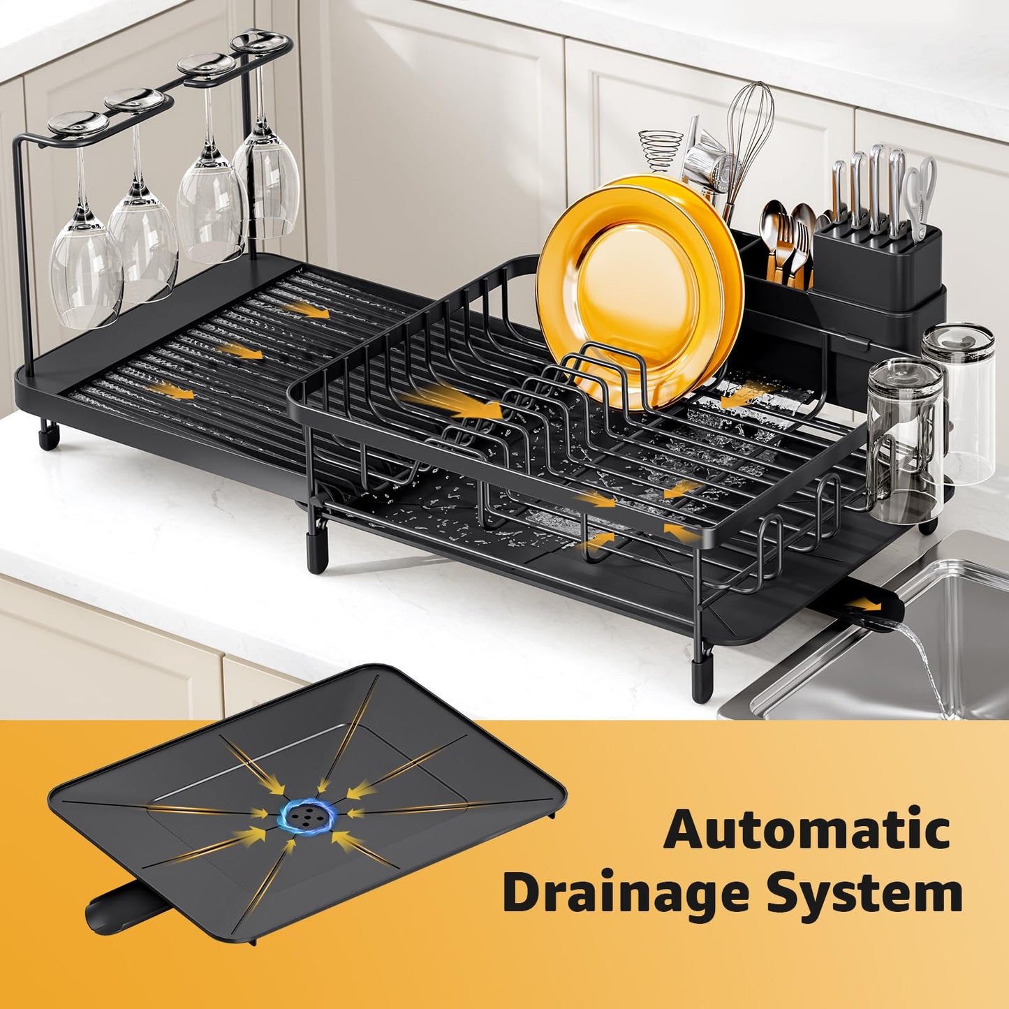 Urackify Large Dish Drying Rack, Expandable Dish Rack with Drain Board, Dish Drainer for Kitchen Couter, Dish Dryer Rack with Cups and Cutlery Holders, Matte Black
