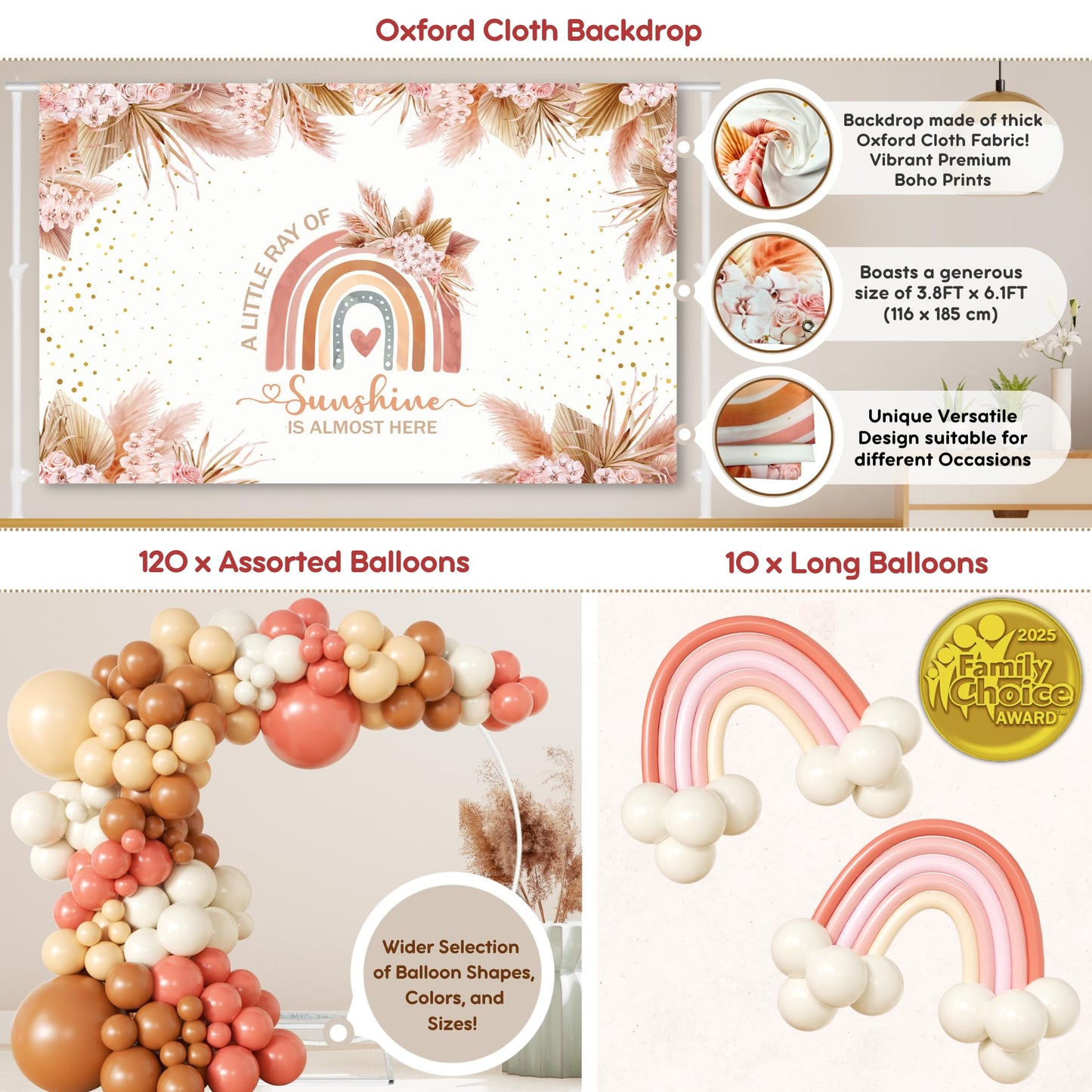 408 PC Boho Baby Shower Decorations for Girl - Backdrop, Balloon Arch Garland, Plates, Napkins, Straws, Sash, Cake Toppers, Guestbook, Confetti, Favor Stickers - Rainbow Baby Shower Decorations