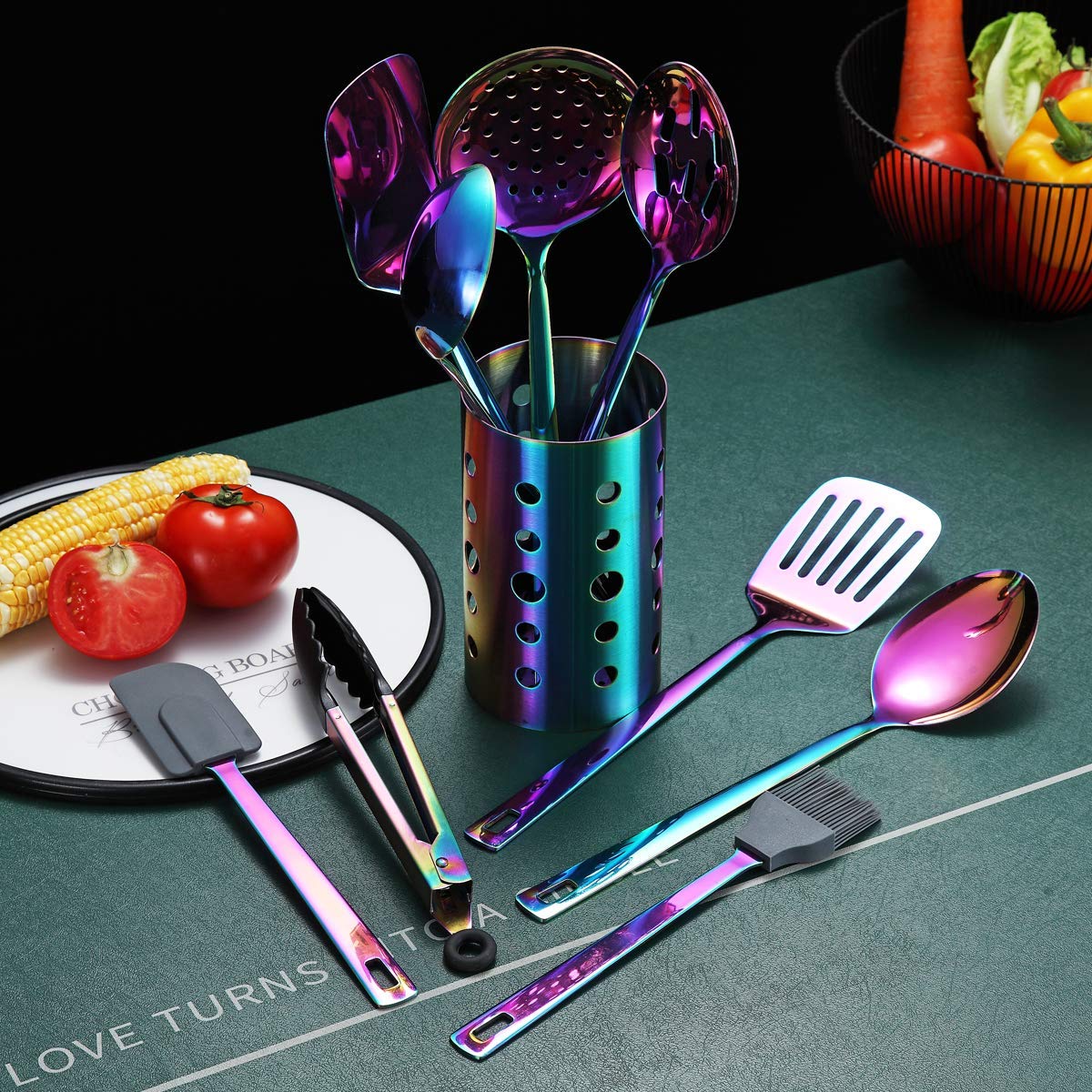 HOMQUEN Rainbow Kitchen Utenisls Set, Stainless Steel Cooking Utenisls Set with Titanium Rainbow Plating, Kitchen Tools Set with Utensil Holder for Non-Stick Cookware Dishwasher Safe (13 Packs)