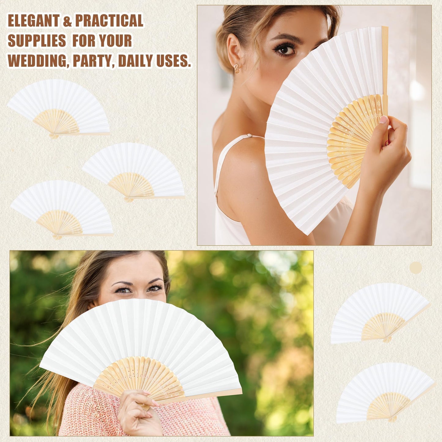 Aodaer 100 Pieces White Paper Fans Folding Fans with Foldable Storage Basket Bamboo Handheld Fans for Guests Wedding Bridal Party Favor Baby Shower Decoration DIY Supplies