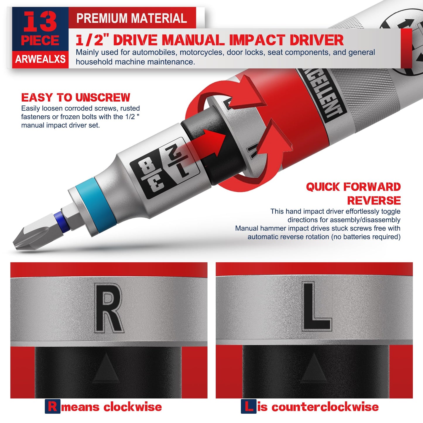 Arwealxs 13 Piece 1/2" Drive Manual Impact Driver, Reversible Hand Impact Screwdriver Set with Slotted, Hex, Phillips Bit Kit, for Tighten and Rusted Fasteners or Frozen Bolts, with Storage Case