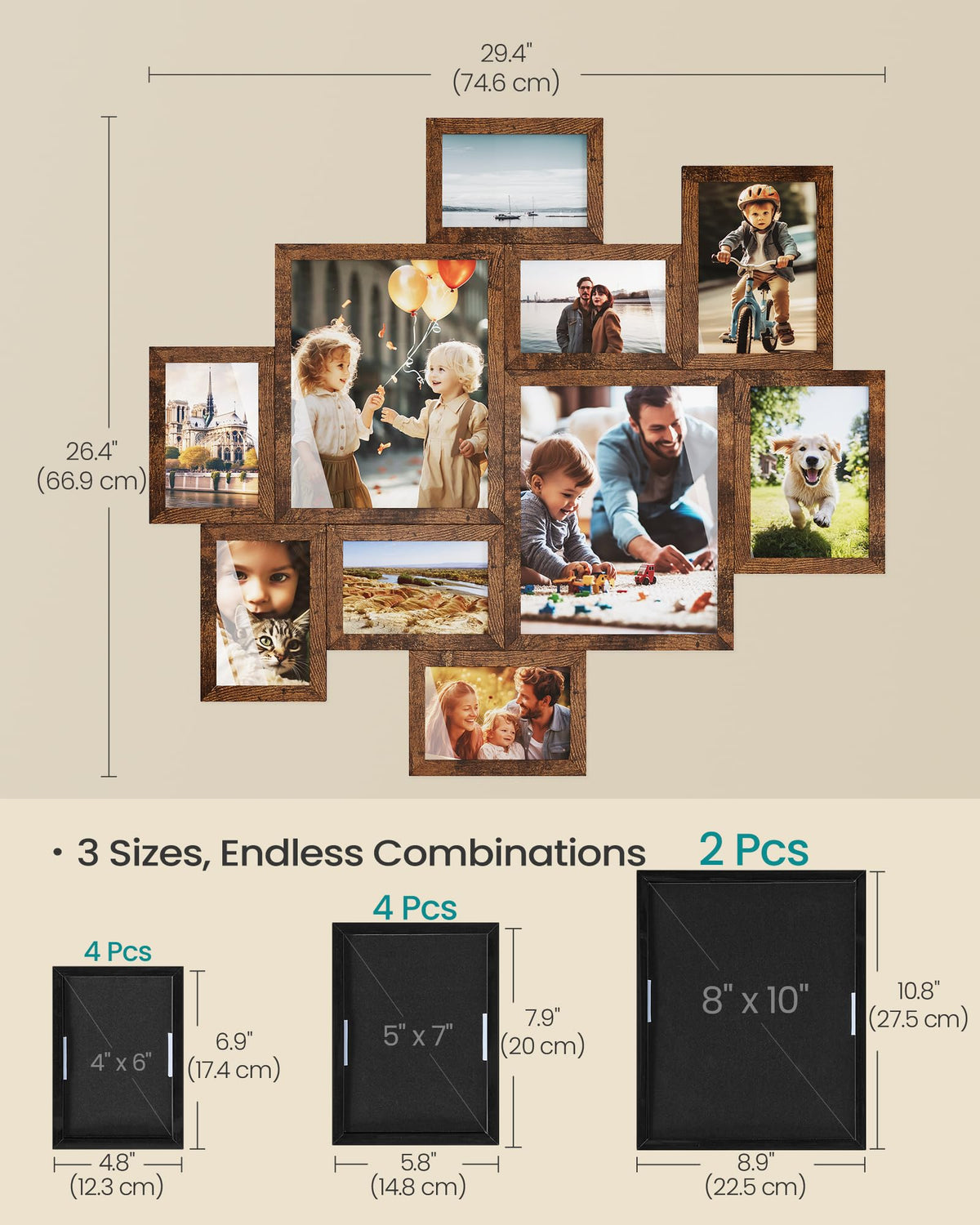 SONGMICS Picture Frames, Collage Photo Frames Set of 10, Two 8x10, Four 5x7, Four 4x6, Wall Gallery or Table Display, Tool-Free Assembly, Rustic Brown URPF100MZ01