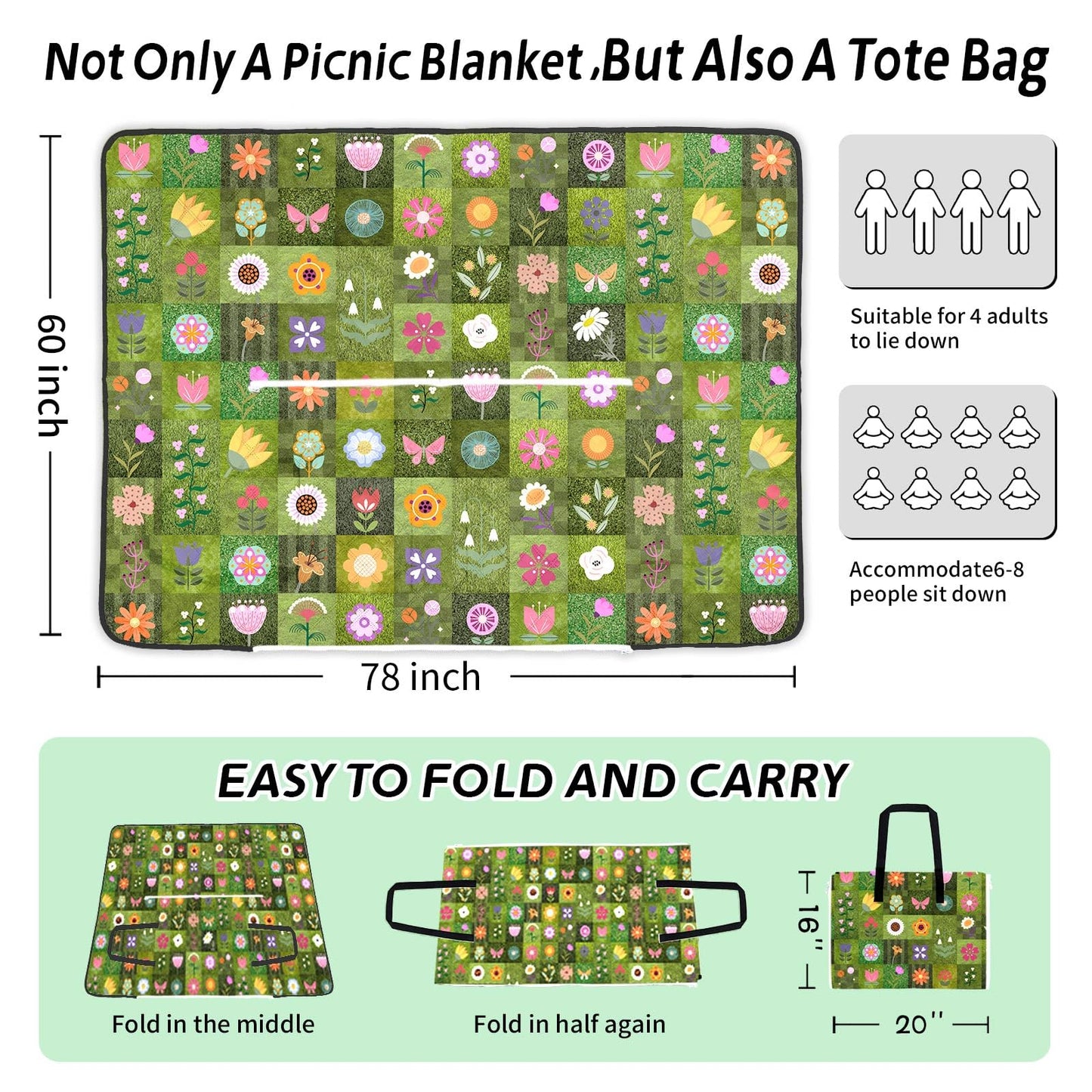 Floral Picnic Blanket 60"X80" Waterproof Foldable Large Outdoor Picnic Quilted Blanket Bag 2 in 1 Camping Flowers Machine Washable Picnic Mat Sandproof Backing Blanket for Grass Hiking Beach