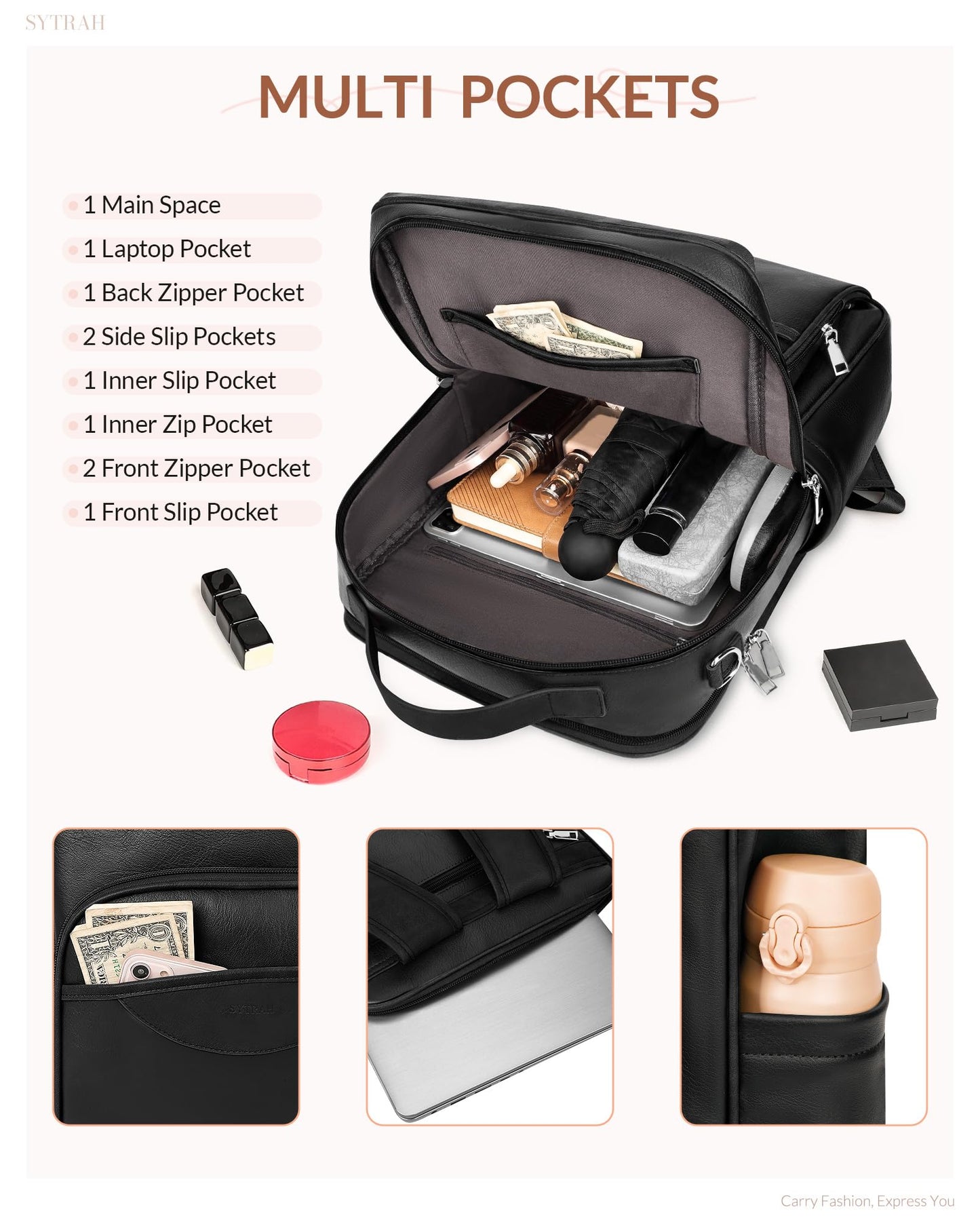 SYTRAH Leather Laptop Backpack, 15.6 Inch Business Computer Bag, Designer College Backpack Travel Backpack with Colorful Shoulder Bag Strap Black