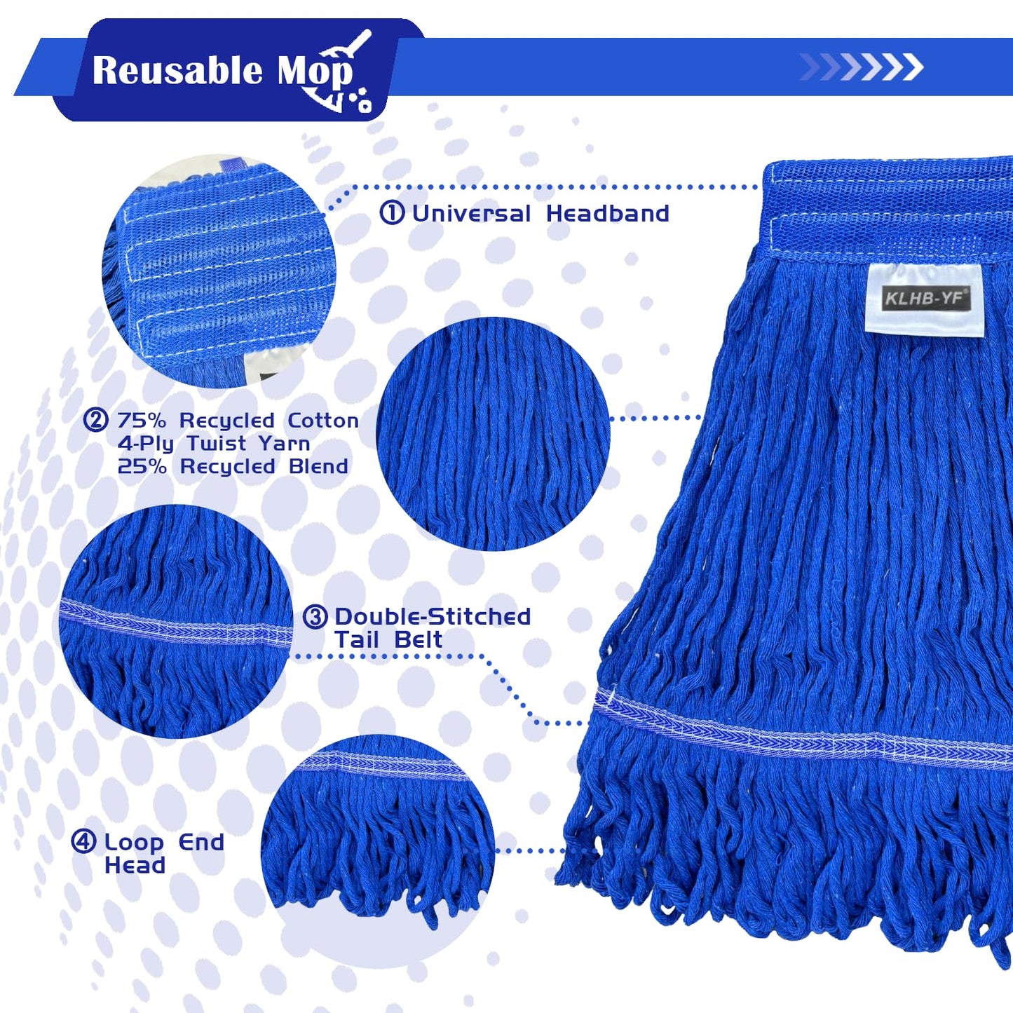 KLHB-YF 21 oz Thick Looped End Blue Mop Heads - Heavy Duty Thick Blue Replacement Mop Heads Cotton Washable Industrial mop Heads Heavy Duty for Commercial & Home Cleaning（blue）