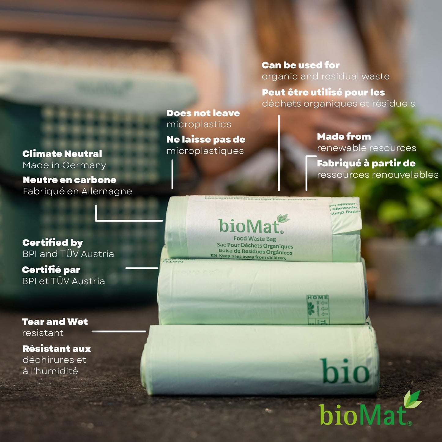 bioMat 132l / 35 Gallon Compostable Wheelie Bin Liners, 30 Count, BPI ASTM D6400, Large Compost Bags for Organic Waste and Residual Waste Bins