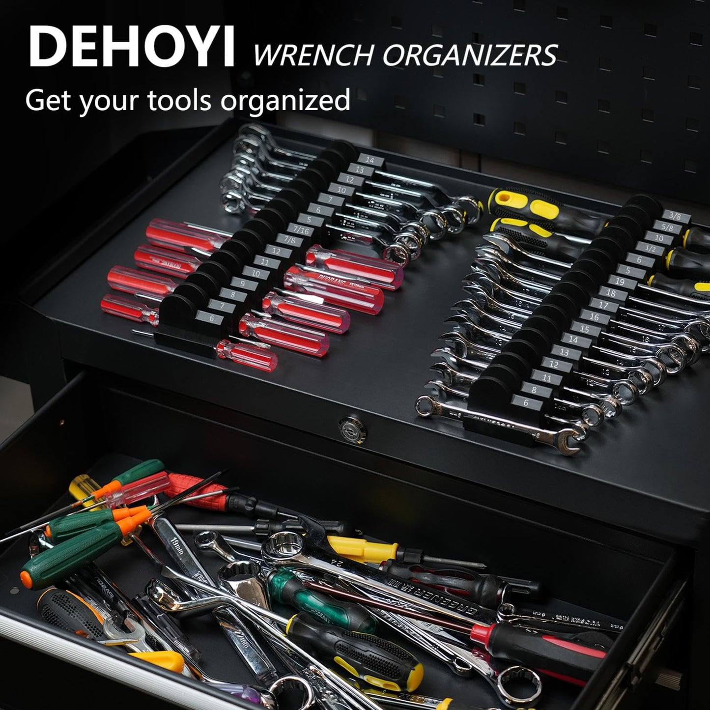 48PCS Magnetic Wrench Organizer for Tool Drawer,Wrench Holder with Metric&SAE Label,Modular Tool Storage Rack for Screwdriver and Ratchet，Strong Magnetic Base,gift for Mechanics Men（Black with magnet）