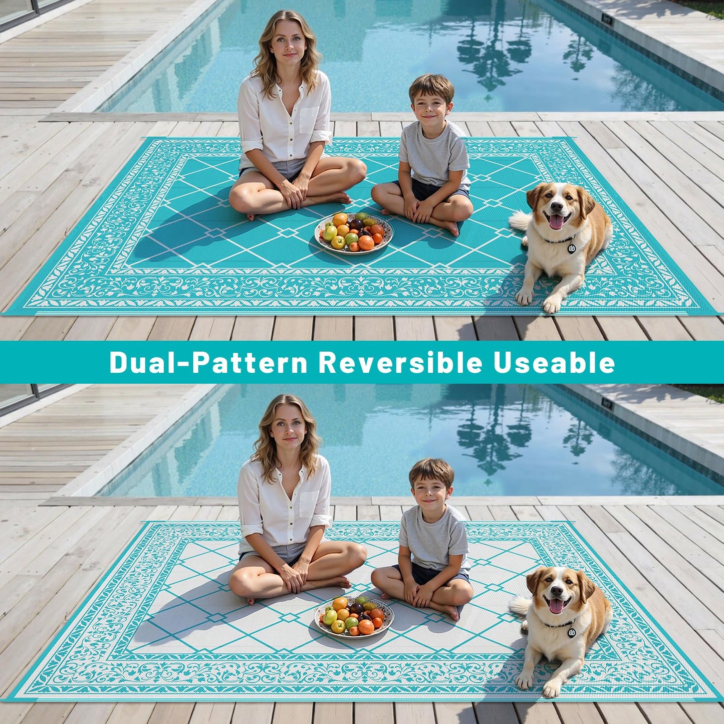 HEBE 8x10 Outdoor Rug Waterproof, Reversible Outdoor Area Rug, Portable Plastic Outside Rug Carpet, Geometric RV Camping Rug Mat for Patio Picnic Backyard Deck Balcony Porch Beach Trailer, Teal