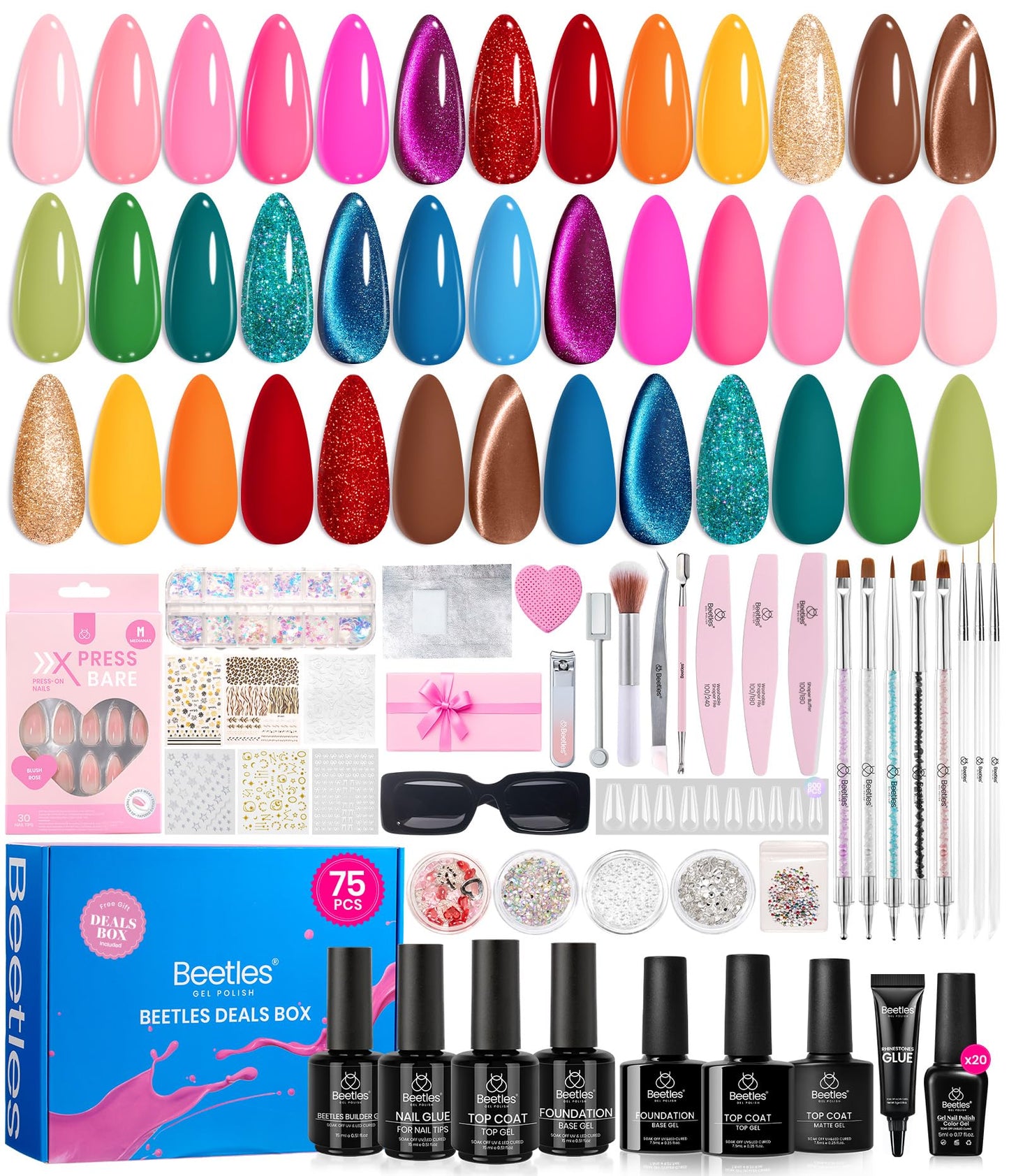Beetles Gel Nail Polish Set - 75PCS 20 Colors Pink Blue Red Black Purple Glitter Cat Eye Base Glitter Glossy Matte Top Coat Beetles Deals Box Wandering Peace 20 Colors French Nails Gift for Women