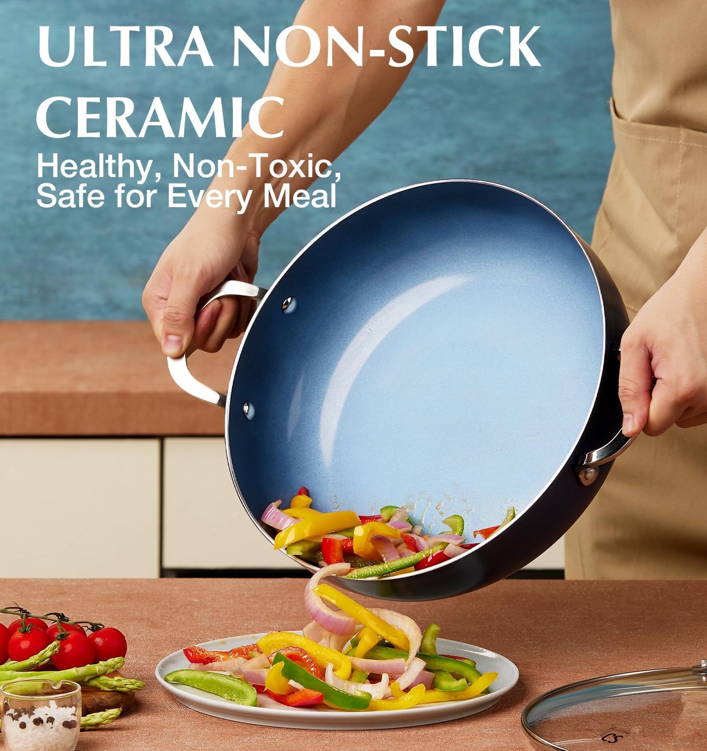 KOCH SYSTEME CS 12 Inch Nonstick Deep Frying Pan with Lid, 5.5 Quart Double Handled Saute Pan, Large Ceramic Skillet Pan, Dishwasher & Oven Safe, Induction Compatible, Toxin-Free, Blue