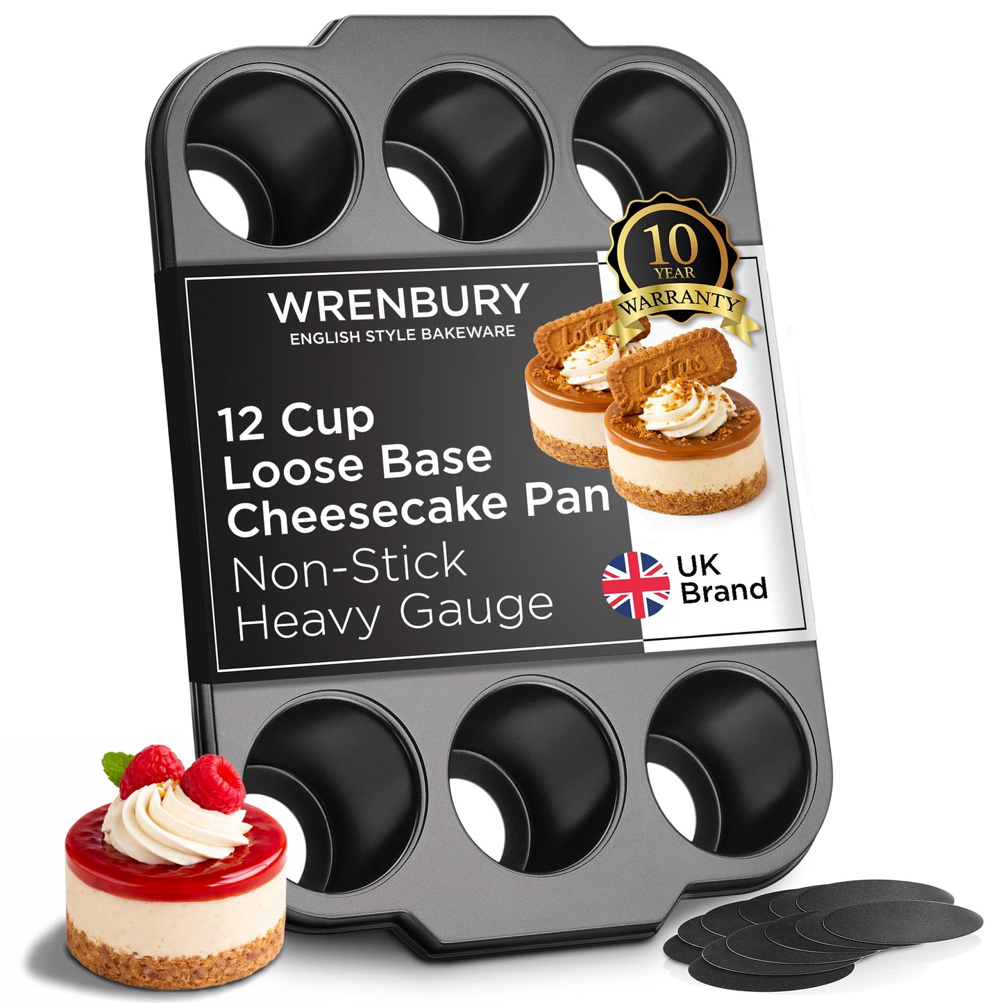 Wrenbury Mini Cheesecake Mould with Loose Base - Non-Stick Carbon Steel Tart Moulds PFOA-Free - Cake Mould Oven Safe up to 230°C - for Cheesecake, Muffins & Tartlets