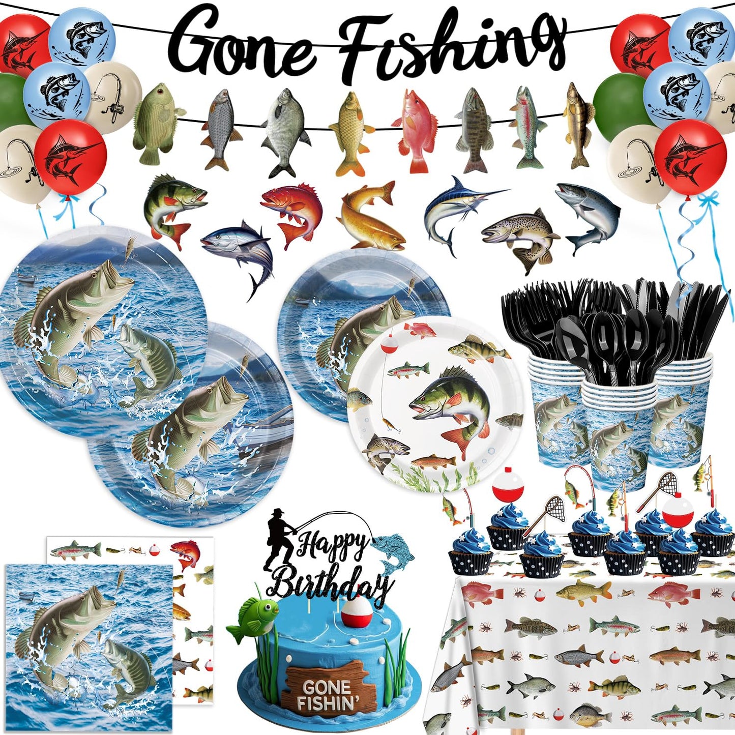 178PCS Fishing Birthday Party Decorations Includes Plates, Napkins, Cups, Cutlery, Tablecloth, Cake & Cupcake Toppers, Banner, Hanging Swirls, Balloons for Fishing Party Decorations, Serve 20
