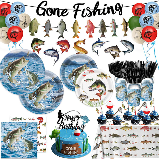 178PCS Fishing Birthday Party Decorations Includes Plates, Napkins, Cups, Cutlery, Tablecloth, Cake & Cupcake Toppers, Banner, Hanging Swirls, Balloons for Fishing Party Decorations, Serve 20